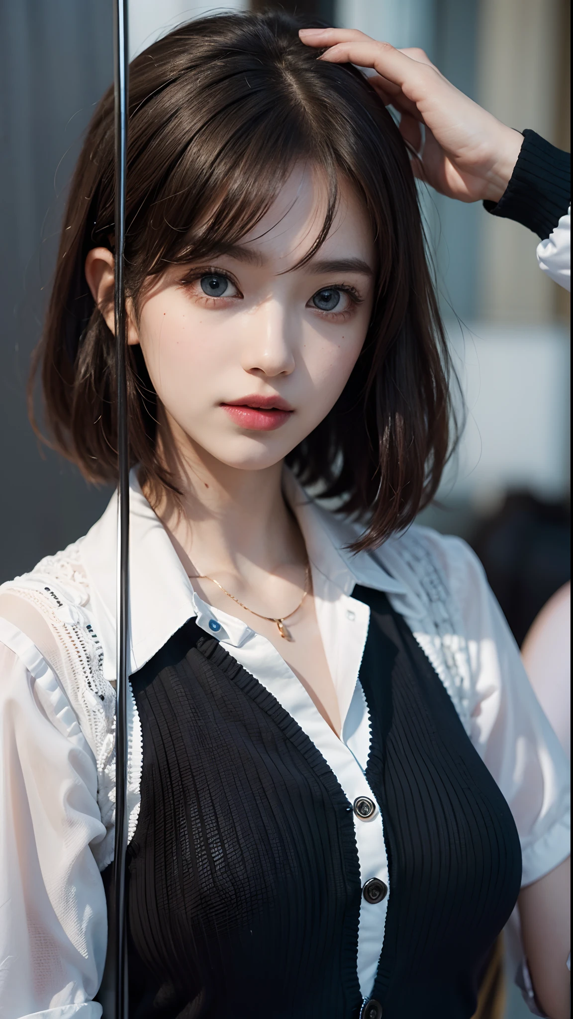 ((Girls at idle level)), masterpiece, The highest image quality, ultra-detailliert, (perfectbody:1.5), (Perfect face+dishevled hair+Fluffy short bob hair), Close up of, Viewer's Perspective, She bent and lowered her body to match the gaze of the audience。detailed hairs,ssmile、Detailed eyes(realisticeyes),profetional lighting,Beautiful breasts,(Blue Eye),Tight black suit,white shirt,((dark brown hair)),slenderbody,