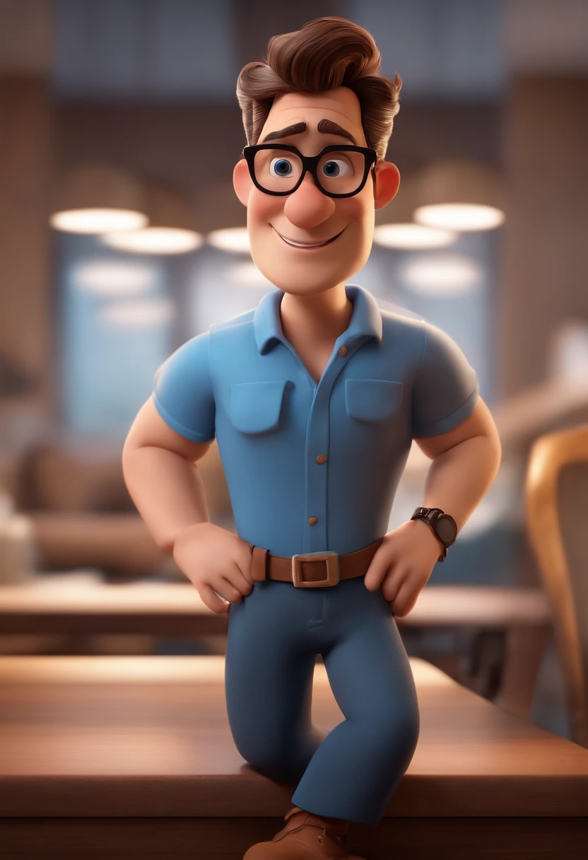 Cartoon character of a man with black glasses and a blue shirt, animation character, Caractere estilizado, animation style rendering, 3D estilizado, Arnold Maya render, 3 d render stylized, toon render keyshot, Personagem 3D, Personagem 3D, 3d rendering stylized, 3 d character render, personagem de desenho animado, Personagem de close up, Pose de personagem, (Estilo Pixar) (master part:1.2) (Bokeh) (best quality) (pele detalhada) (textura detalhada) (8k) (argila) (Cinematic lighting) (foco nítido