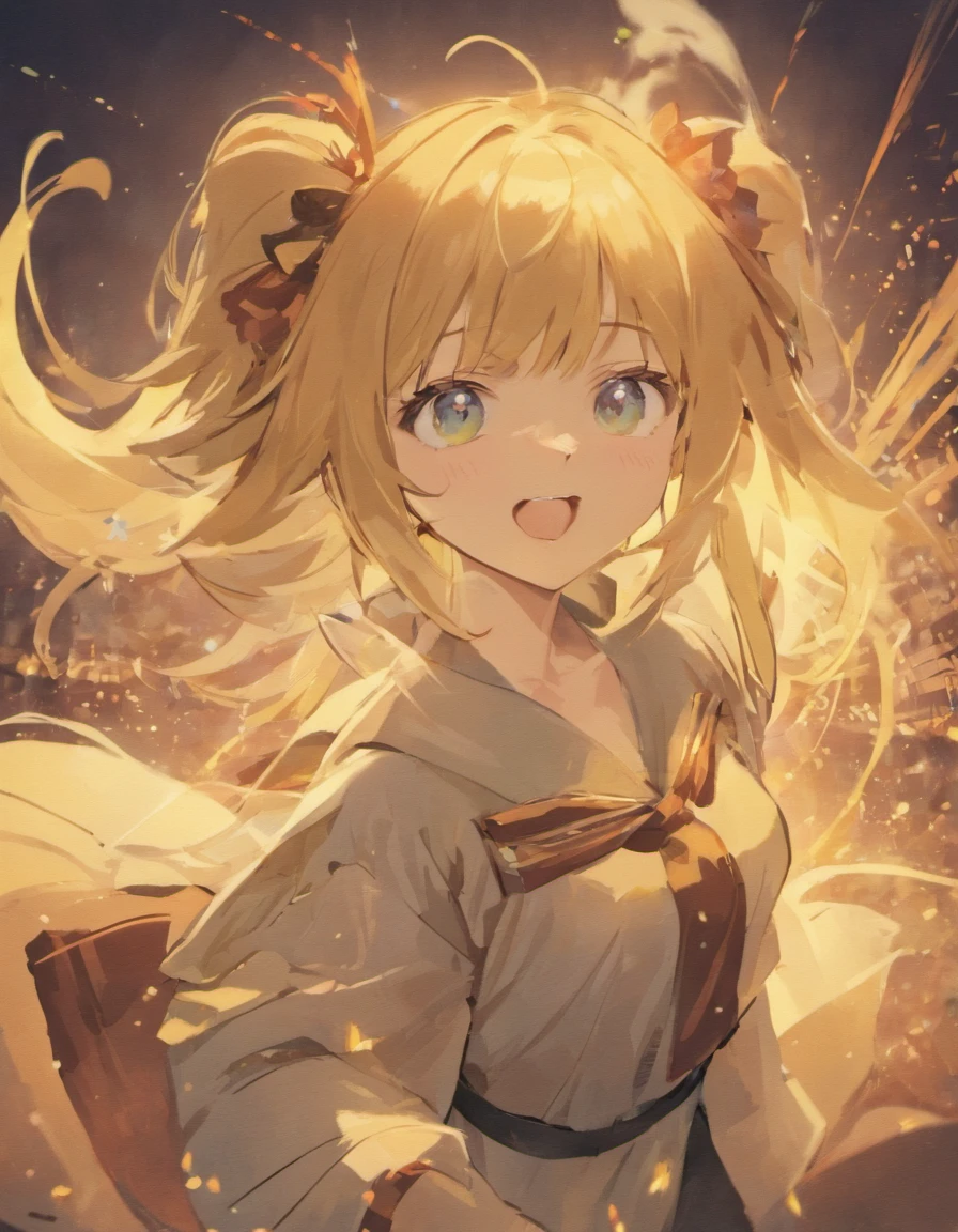 Late teenage girl in uniform。The color of the eyes is green。Her hair is dark blue with medium hair、Breasts are big。Smiling and cheerful expression。Fox ears grow on the head。