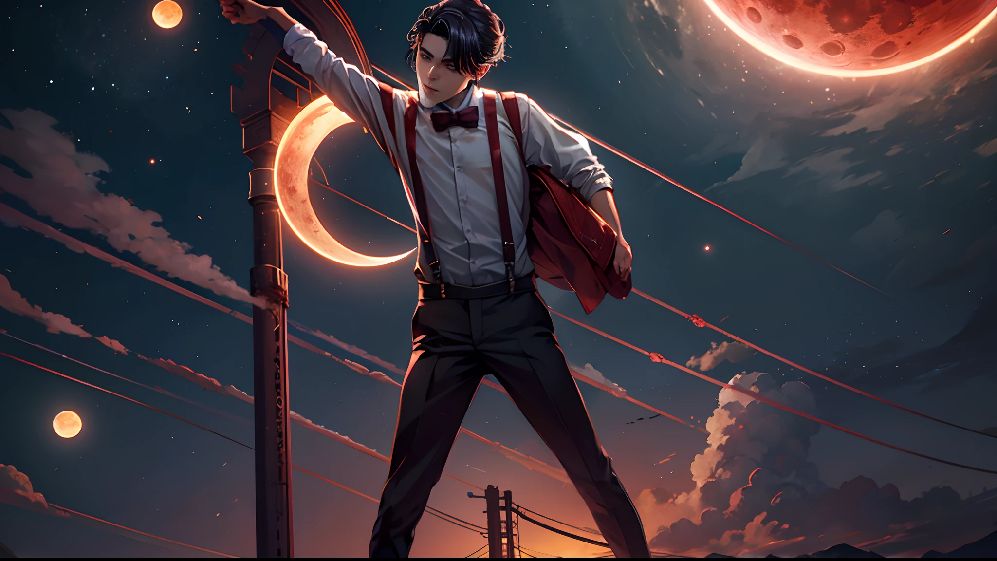 Blood Moon,meteors,As estrelas,,dark cloude,middle parted hairstyle,Suspenders