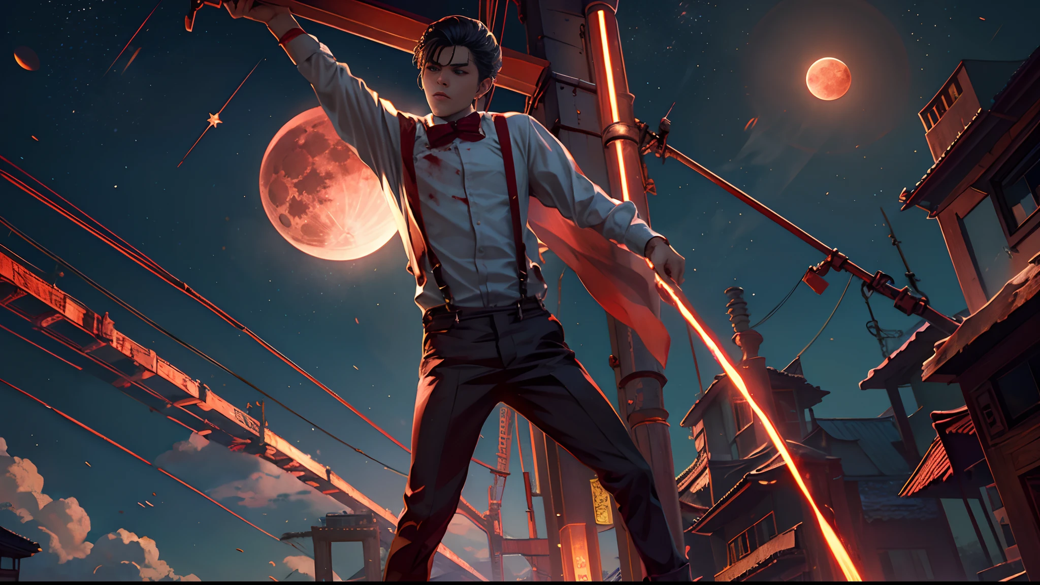 Blood Moon,meteors,As estrelas,Boy student,dark cloude,middle parted hairstyle,Suspenders