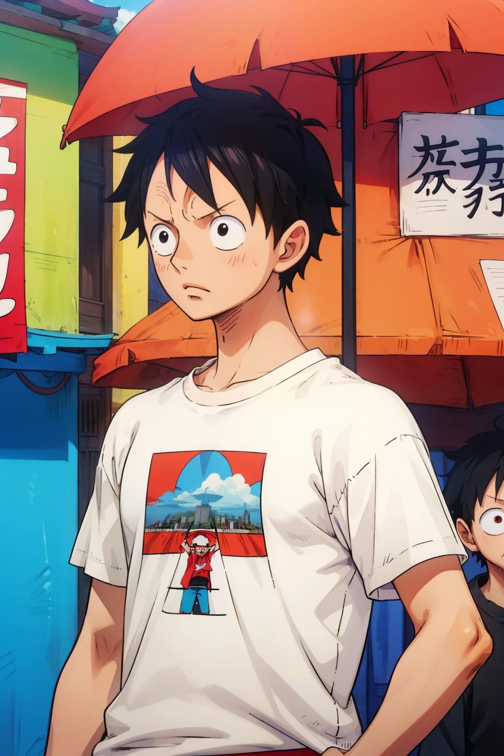 1man, minimalism, monkey d luffy, Eiichirō Oda, simple, wearing tshirt, white tshirt, city from background,