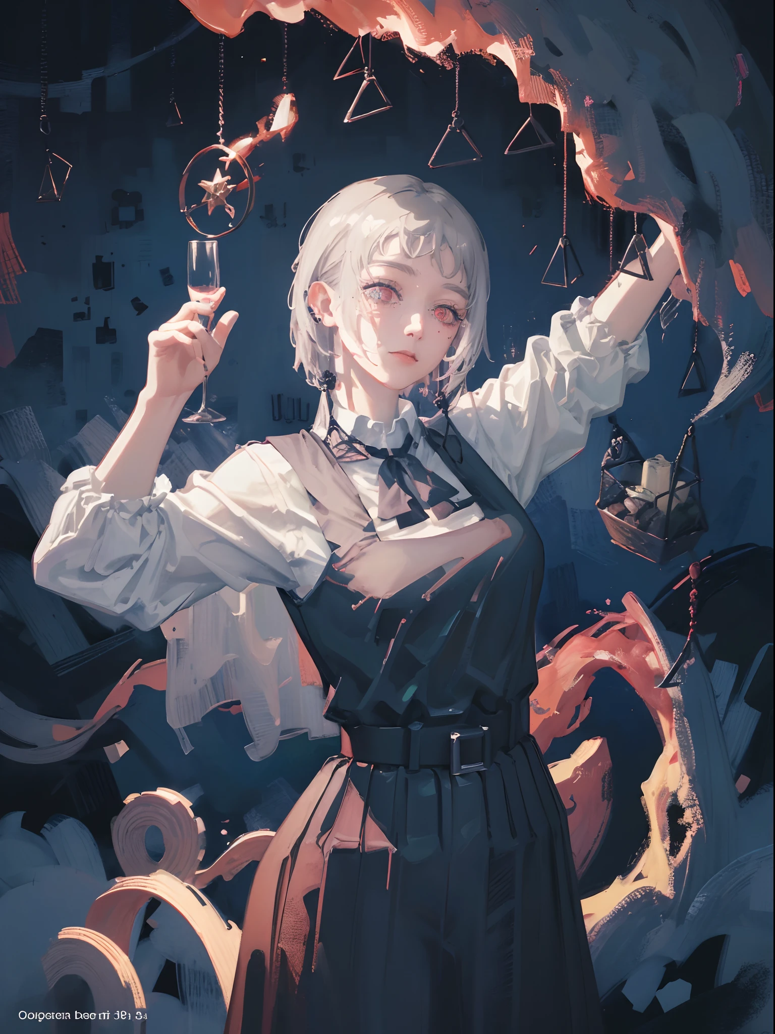 #Quality(8k,best quality,masterpiece,cinematic),solo, #1 girl(cute, kawaii,small ???,silver brite hair,golden shining eyes,big smile,colorful,open cleavage, gothic dress,),#background(dark room,gothic room,you can see big beautiful gothic statue)