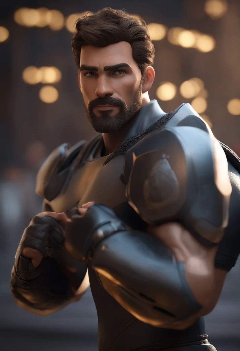 Personagem de desenho animado de um homem branco, Skinny Athletic, cabelo curto, cabelo preto, barba curta, barba preta, sorridente, nariz afilado, olhos castanhos, sobrancelhas claras, um personagem animado, Caractere estilizado, animation style rendering, 3D estilizado, Arnold Maya render, 3 d render stylized, toon render keyshot, Personagem 3D, Personagem 3D, 3d rendering stylized, 3 d character render, personagem de desenho animado, Personagem de close up, Pose de personagem, (Estilo Pixar) (master part:1.2) (Bokeh) (best quality) (pele detalhada) (textura detalhada) (8k) (argila) (Cinematic lighting) (foco nítido，Senta e vaza a parte superior do corpo