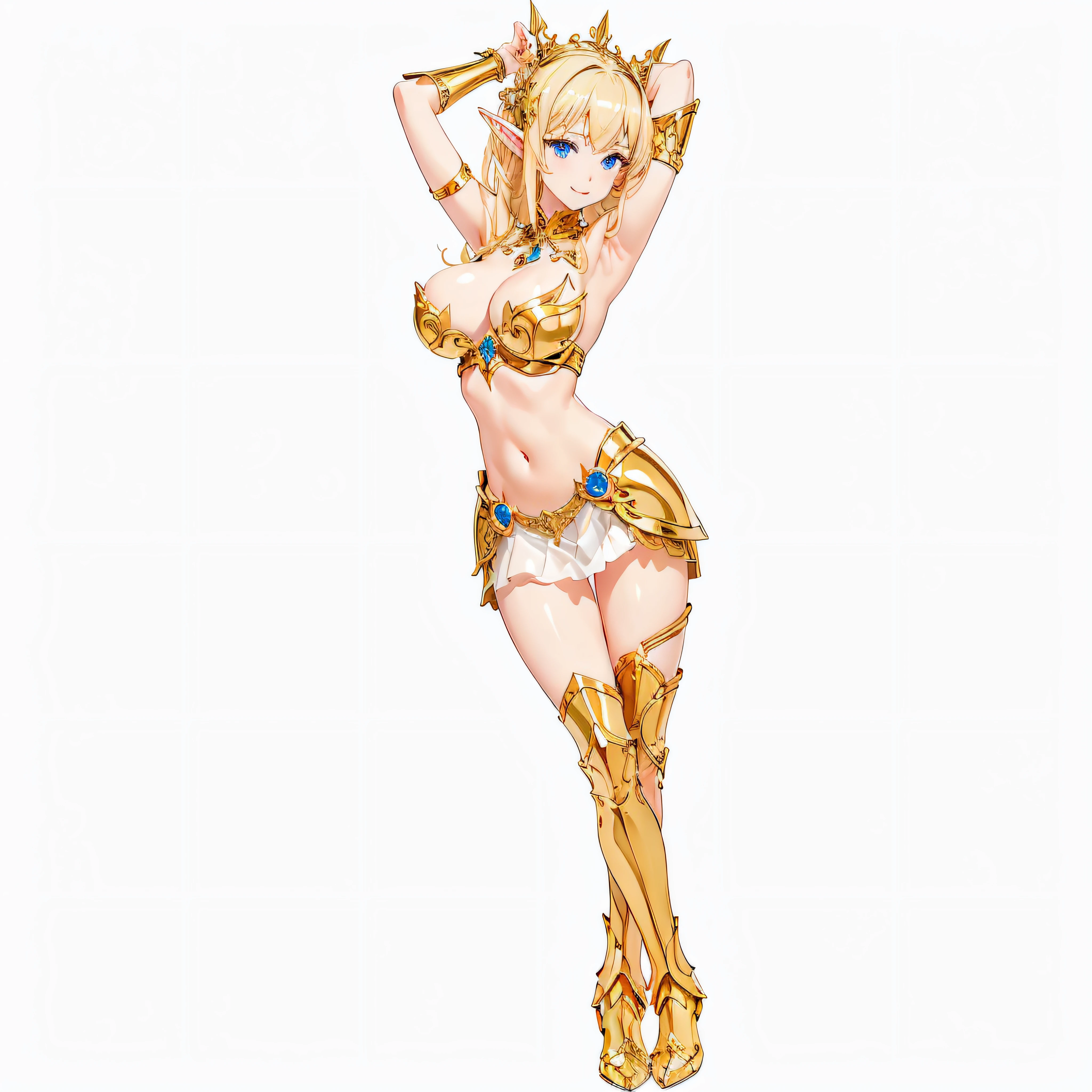 ​masterpiece、top-quality、ighly detailed、hight resolution、１６ｋ、fullnude、Boob proportions、golden armour、A very sheer skirt、Full body like、Very white skin、Beautiful fingers、Anime girl with very big breasts posing naked、Perfect Style、elvish、no-bra、Blonde blue-eyed、A smile、An elf girl