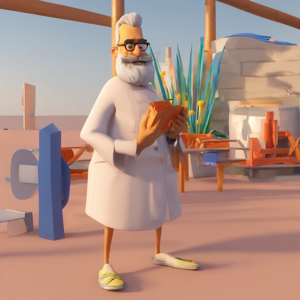 Criar um personagem no estilo Pixar. Trata-se de um homem de 30 anos, com barba, Branco, com cabelos castanhos curtos e um quiff, e olhos castanhos. Ele deve estar na frente de um computador, Trabalhar como designer