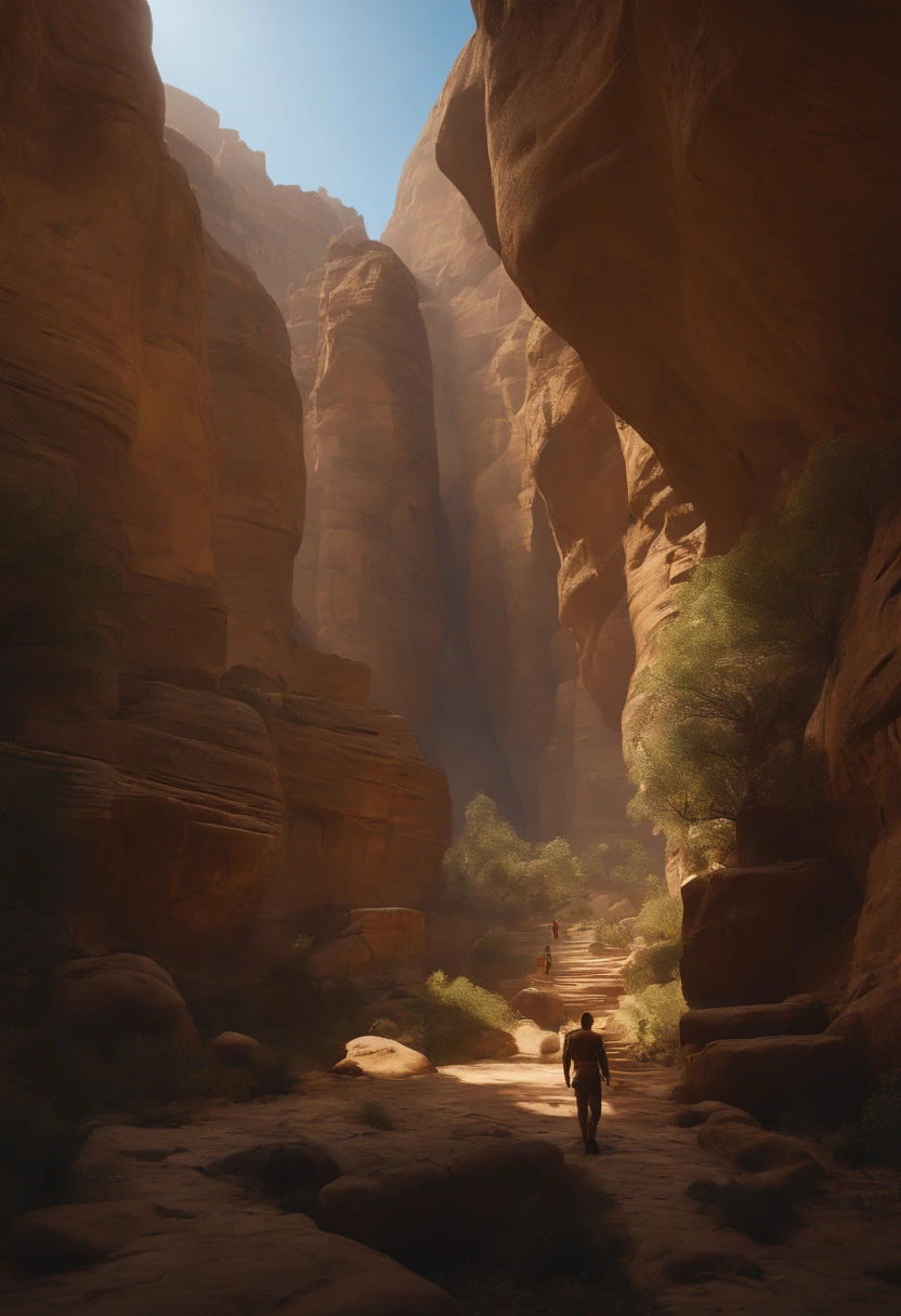 There is a large wooden statue in the middle of a narrow canyon, Unreal Engine 5 renderizado, inspirado em Ras Akyem, Giant ruins of golden head statue, Captura de tela do videogame>, still from a music video, Directed by: Thomas Crane, arcos gigantes majestosos, Inspirado em Ferdinand Knab