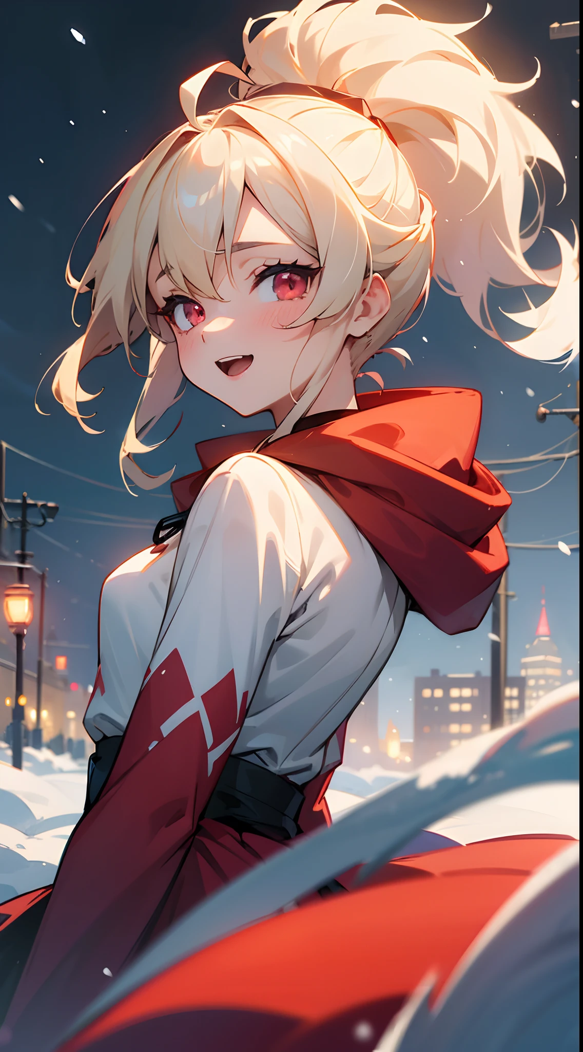 1girl in,a blond、Pony tail、Ahoge、Red Eyes、small tits,a smile、Open your mouth、Laugh、Wearing a red hoodie,city,winter snow,Night,absurderes,hight resolution, ultrasharp, 8K, masutepiece, Looking at Viewer, Fantasy, Magical, Snow-covered rooftop, Frozen breath rises, Glowing streetlights, Ethereal Atmosphere, Dreams, quiet street, Distant city skyline, Fluffy and snowy, Intricate details of the girl's face and outfit, Delicate snowflakes on her eyelashes, mysterious expression, seductive beauty, a captivating gaze, Snowy trees々, Blurry lights in the background, Bright red contrasting with snow-white snow, captivating scene, Evoke a sense of wonder and magic.