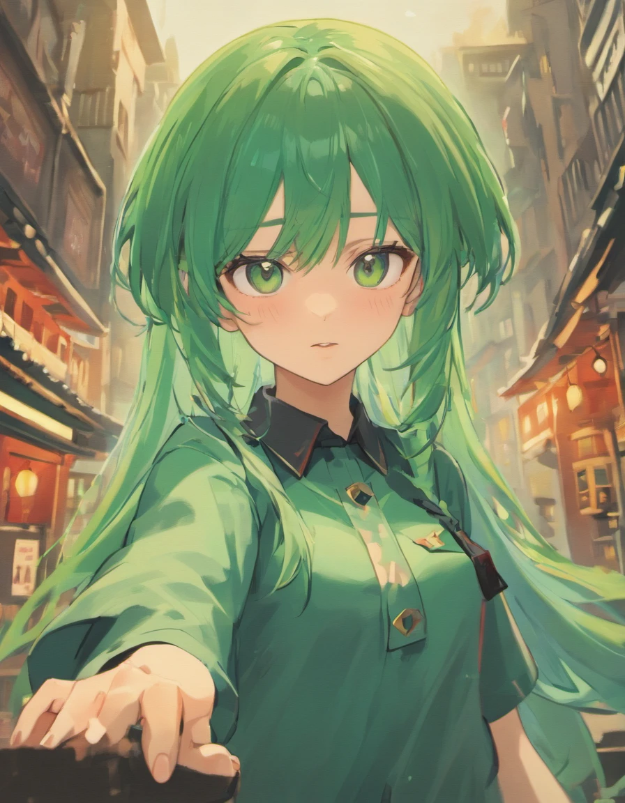 (best quality,4k,8k,highres,masterpiece:1.2),ultra-detailed,(realistic,photorealistic,photo-realistic:1.37),late age girl in uniform,beautiful detailed eyes,green eyes,dark blue hair,medium hair,big breasts,smiling and cheerful expression,fox ears,uniform,green color palette,vivid colors,studio lighting