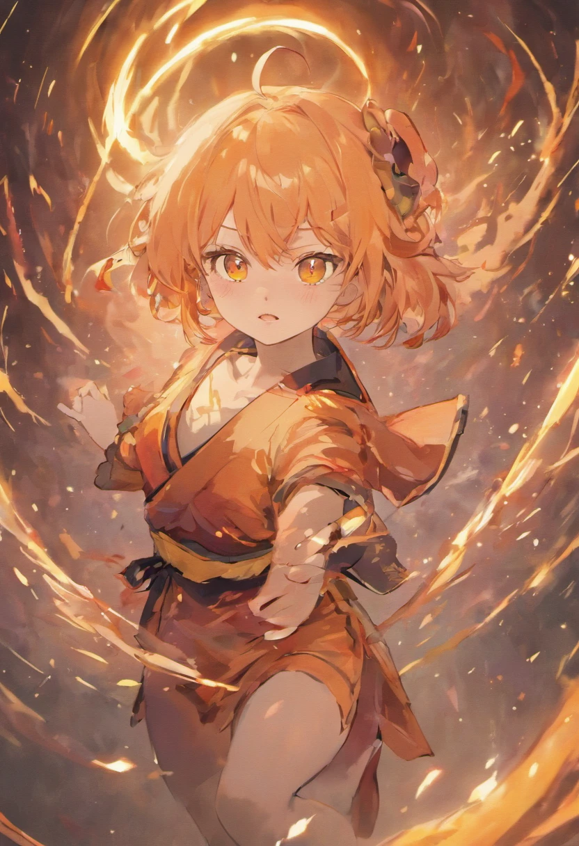 Best quality, highly detailed, masterpiece, ultra detailed, (reality: 1.2), 1 girl, (white background), simple background, delicate eyes, ), girl with orange hair and fox ear, red eye, wearing kimono japanese fighting scene, fighting demon, dinamic lighting, demon slayer, dinamic effect, cinematic light, anime screenshot