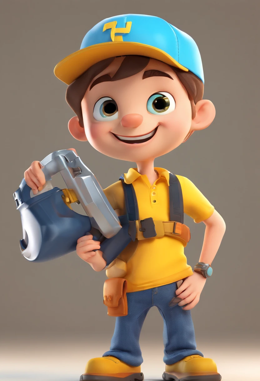 Cartoon character of a boy holding a tool bag, wearing a yellow polo shirt, blue jeans, yellow cap with a black circle in the center, black boots, and happy appearance, animation character, stylized character, cartoon style rendering animation, 3D stylized, 3d stylized rendering, toon rendering keyshot, 3D Character, 3D Character, Rendering