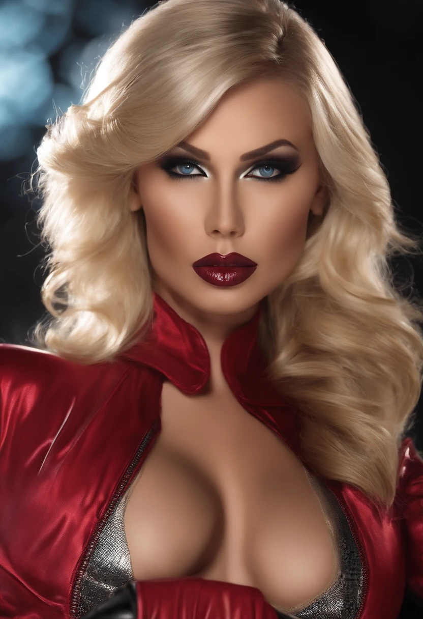 create a blond femdom mistress in sexy clothes, latex, realistic, femdom