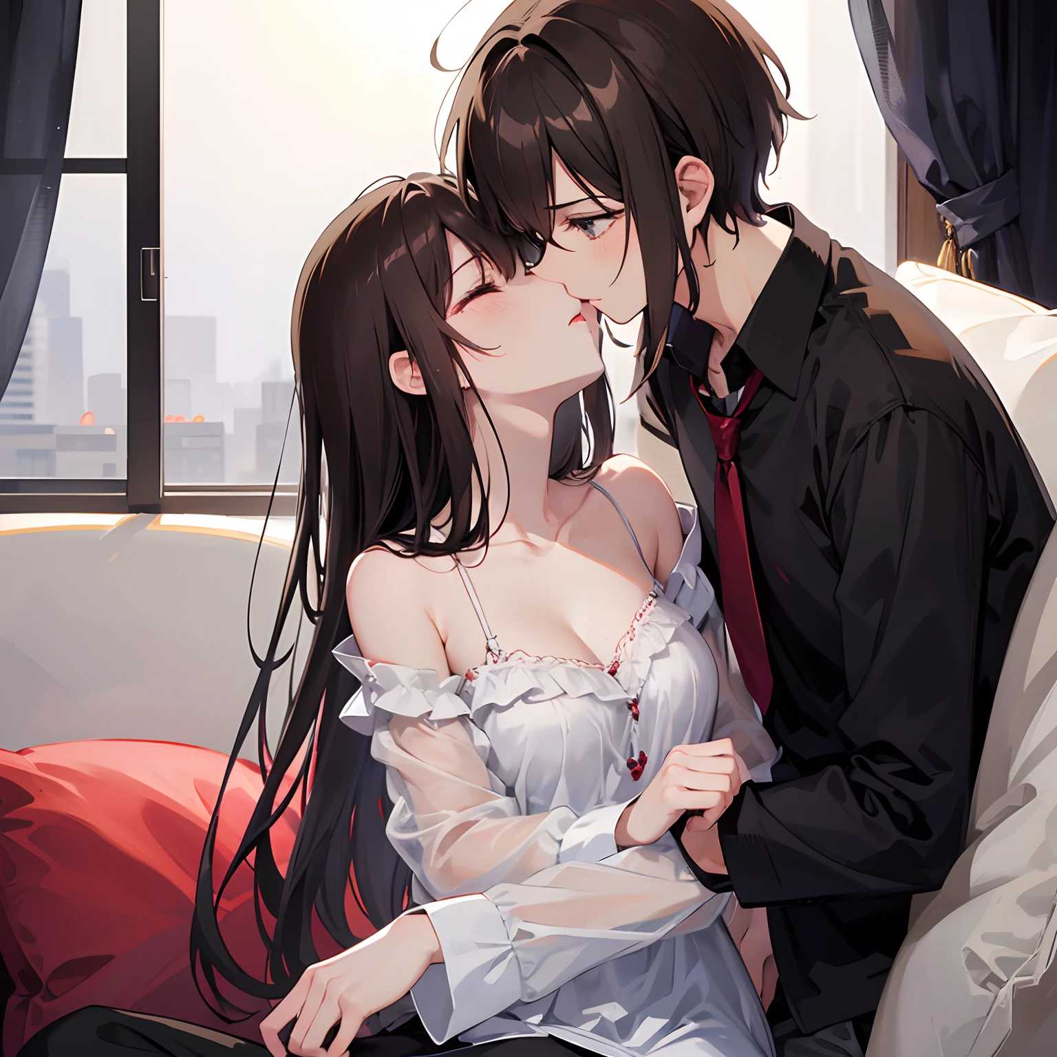 (masutepiece)(high-detail)Male and female couples in their 20s、1 male, 1 female、Light clothing for both men and women、During a kiss、Romance for women、Glossy atmosphere、Glossy look、Saliva spills、embracing each other、femele(Brown hair semi-long、negligee)closing eye、Sweet sigh、male people(black hair shorthair、Y shirt、Untied tie、legs showing)Close your eyes strongly、Background with(a room、sofa)、deep in the night、Darker