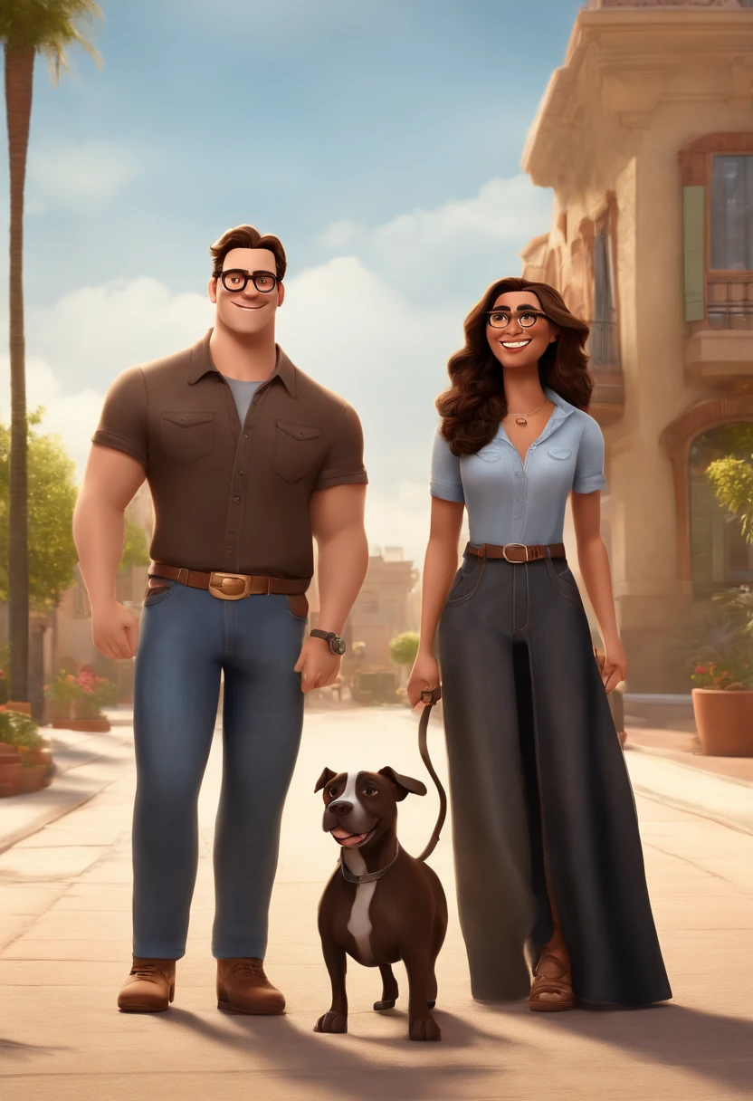 Pixar. casal hetero, White Man Dressed Dark Brown Hair and Glasses Jeans and Black Shirt White woman with long loose brown hair with gray shirt and long denim skirt, with a female brown pitbull bitch. They are both smiling and are 30 years old