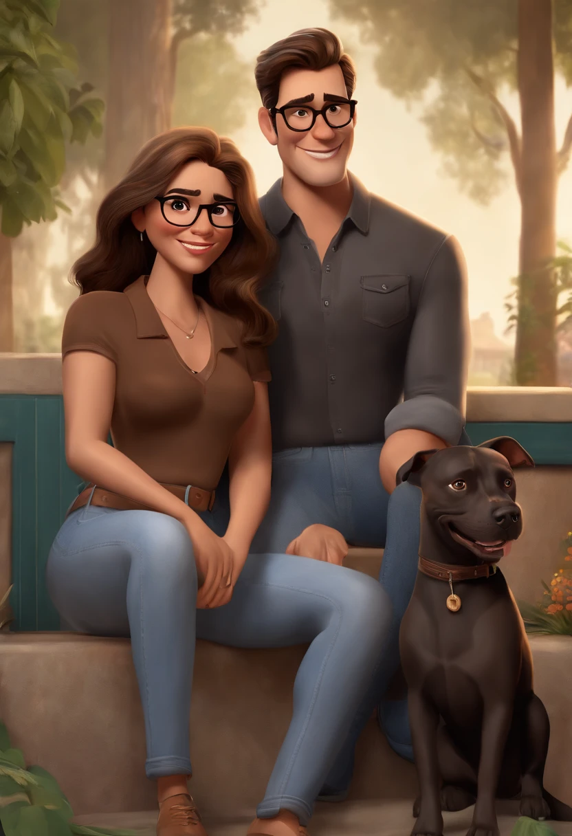 Pixar. casal hetero, White Man Dressed Dark Brown Hair and Glasses Jeans and Black Shirt White woman with long loose brown hair with gray shirt and long denim skirt, with a female brown pitbull bitch. They are both smiling and are 30 years old