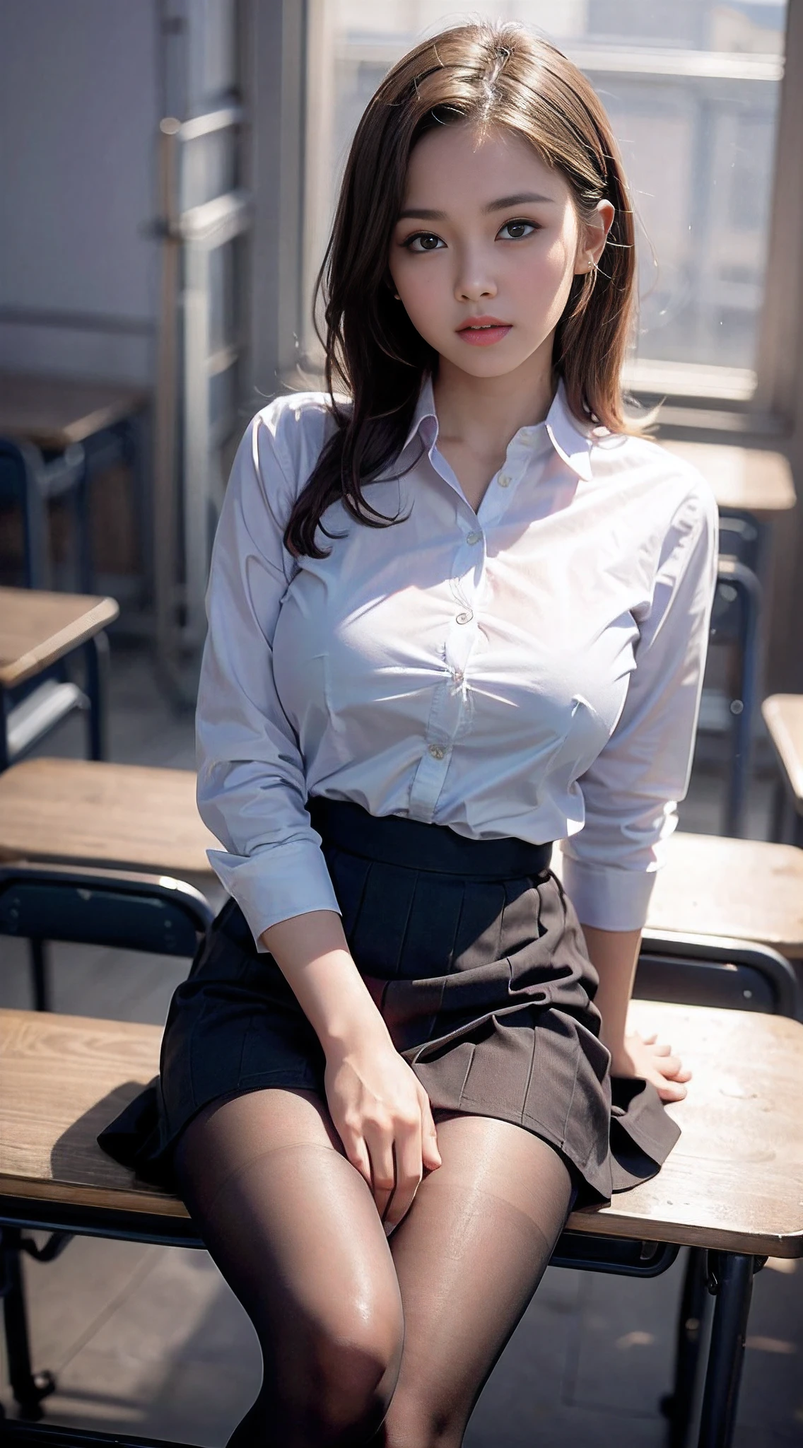 top-quality, masterpiece, high-detail, 16k picture quality, Beautiful girl, Light brown medium hair, beautiful eyes of light brown, 校服, White blouses, Black_pantyhose, White panties showing through pantyhose, plump big breasts, Large breasts that hang down by gravity, blushing, She Looking at the camera, Enraptured look, Opening legs, evening classroom, Bright red sky, Beautiful clouds in madder color,