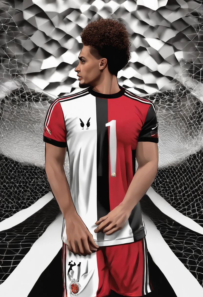 obra-prima, melhor qualidade, 1boy, jogador de futebol, solo, closeup, cabelo curto, cabelo castanho, camisa do flamengo, mangas curtas, hat feather, foco masculino, orelhas redondas, fundo campo de futebol