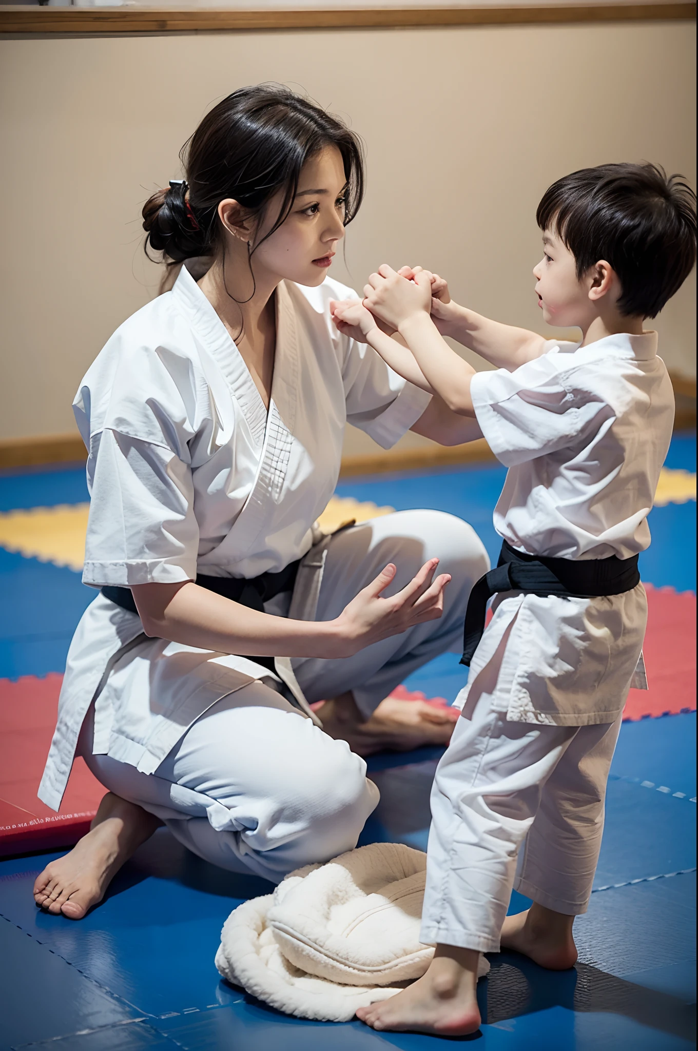 Mother teaching karate to her son, Karategi, "pin on the floor", "arms locked"