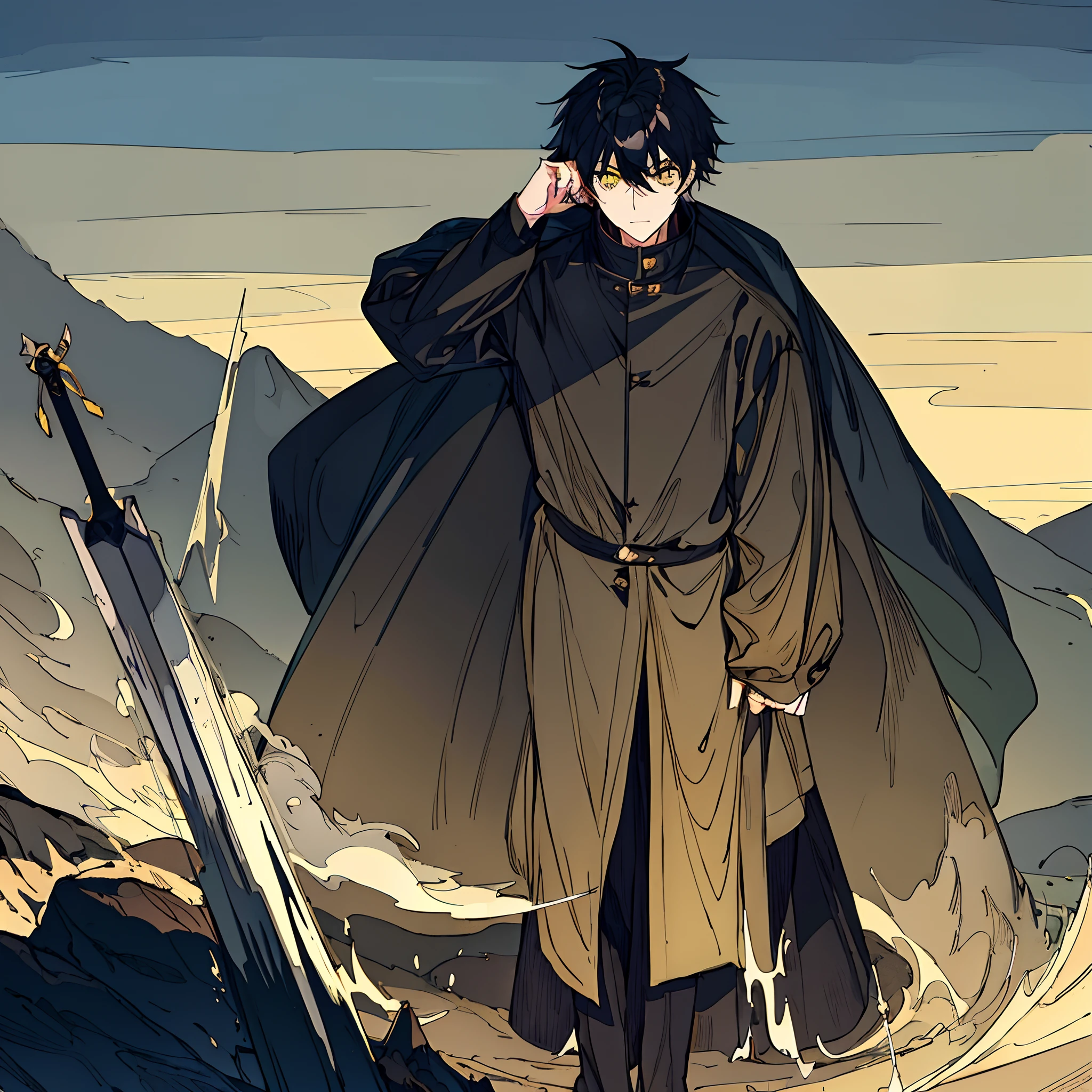 a man, 159cm tall, dark green parka jacket, gray trousers, black underwear, black boots, carrying a large sword in his hand, black hair parted in the middle, sharp yellow eyes, alone at the tip of a towering mountain, highest image quality,
