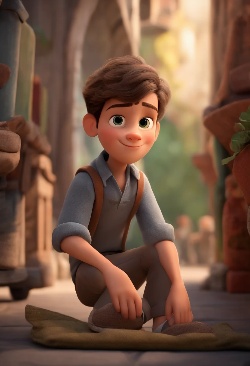 Image of a boy in gray shirt and gray pants ,for a story in a YouTube video in Pixar format, He's the little allabester, He's the class leader, He's outgoing, Playful and gets up for a lot of things