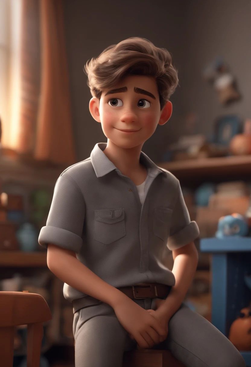 Image of a boy in gray shirt and gray pants ,for a story in a YouTube video in Pixar format, He's the allabester, He's the class leader, He's outgoing, Playful and gets up for a lot of things
