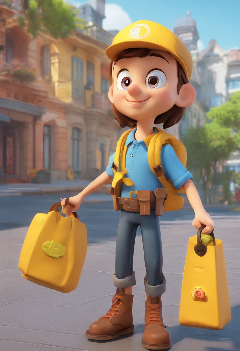 Cartoon character of a boy holding a tool bag, wearing a yellow polo shirt, blue jeans, yellow cap with a black circle in the center, black boots, and happy appearance, animation character, stylized character, cartoon style rendering animation, 3D stylized, 3d stylized rendering, toon rendering keyshot, 3D Character, 3D Character, Rendering