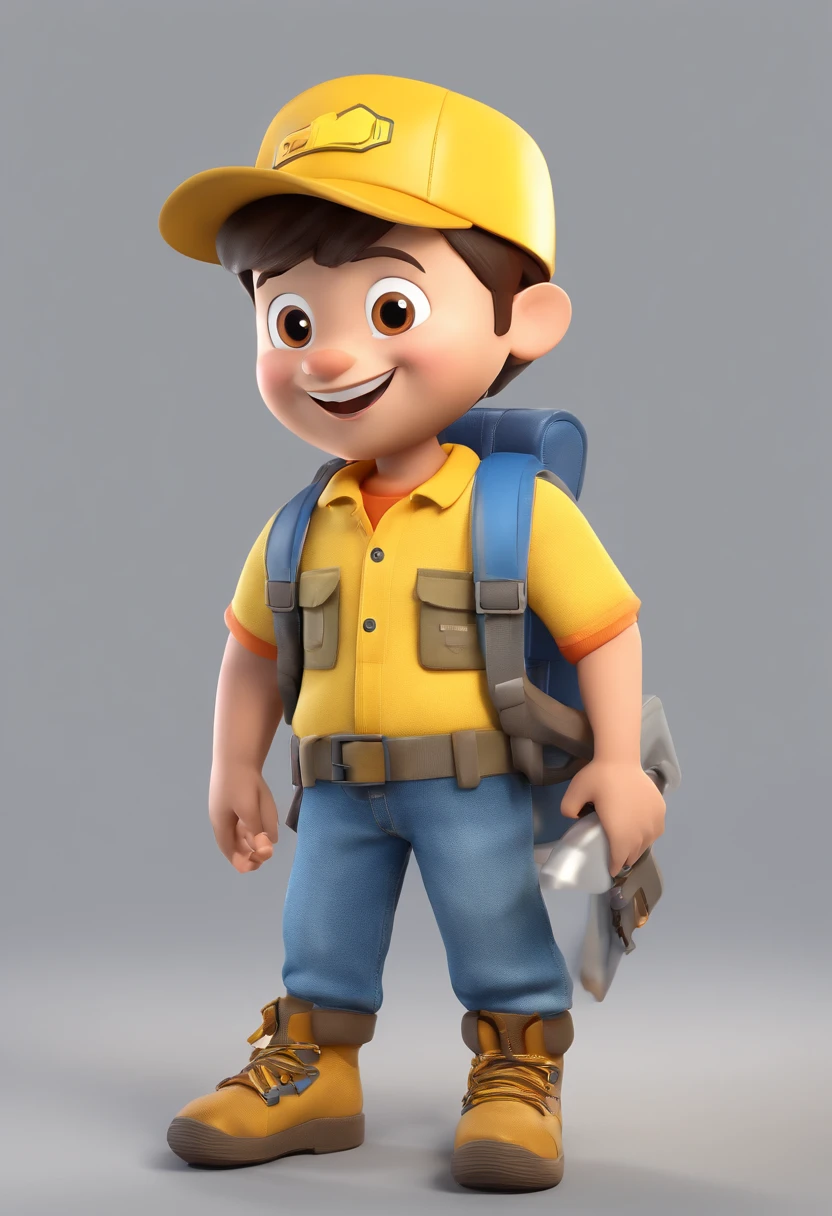Cartoon character of a boy holding a tool bag, wearing a yellow polo shirt, blue jeans, yellow cap with a black circle in the center, black boots, and happy appearance, animation character, stylized character, cartoon style rendering animation, 3D stylized, 3d stylized rendering, toon rendering keyshot, 3D Character, 3D Character, Rendering