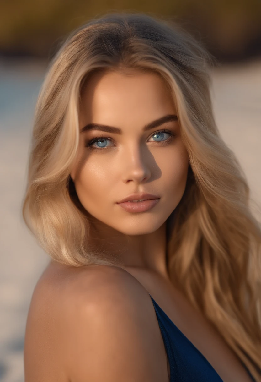 A poised and alluring woman with captivating blue eyes, resembling the ultra-realistic Sophie Mudd. Blonde girl, She wears natural makeup, exudes a sexy charm bikini outfit, blonde hair color and poses in beach setting with a prominent bust.