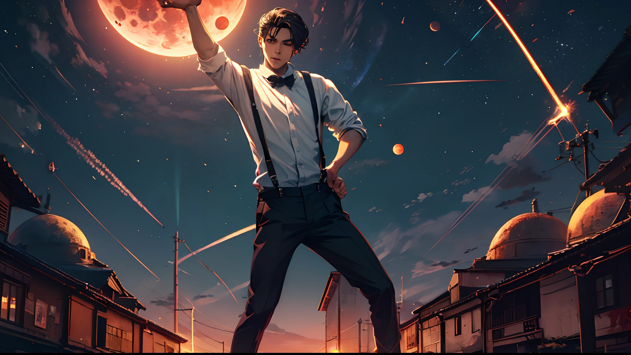 Blood Moon,meteors,As estrelas,Boy student,dark cloude,middle parted hairstyle,Suspenders