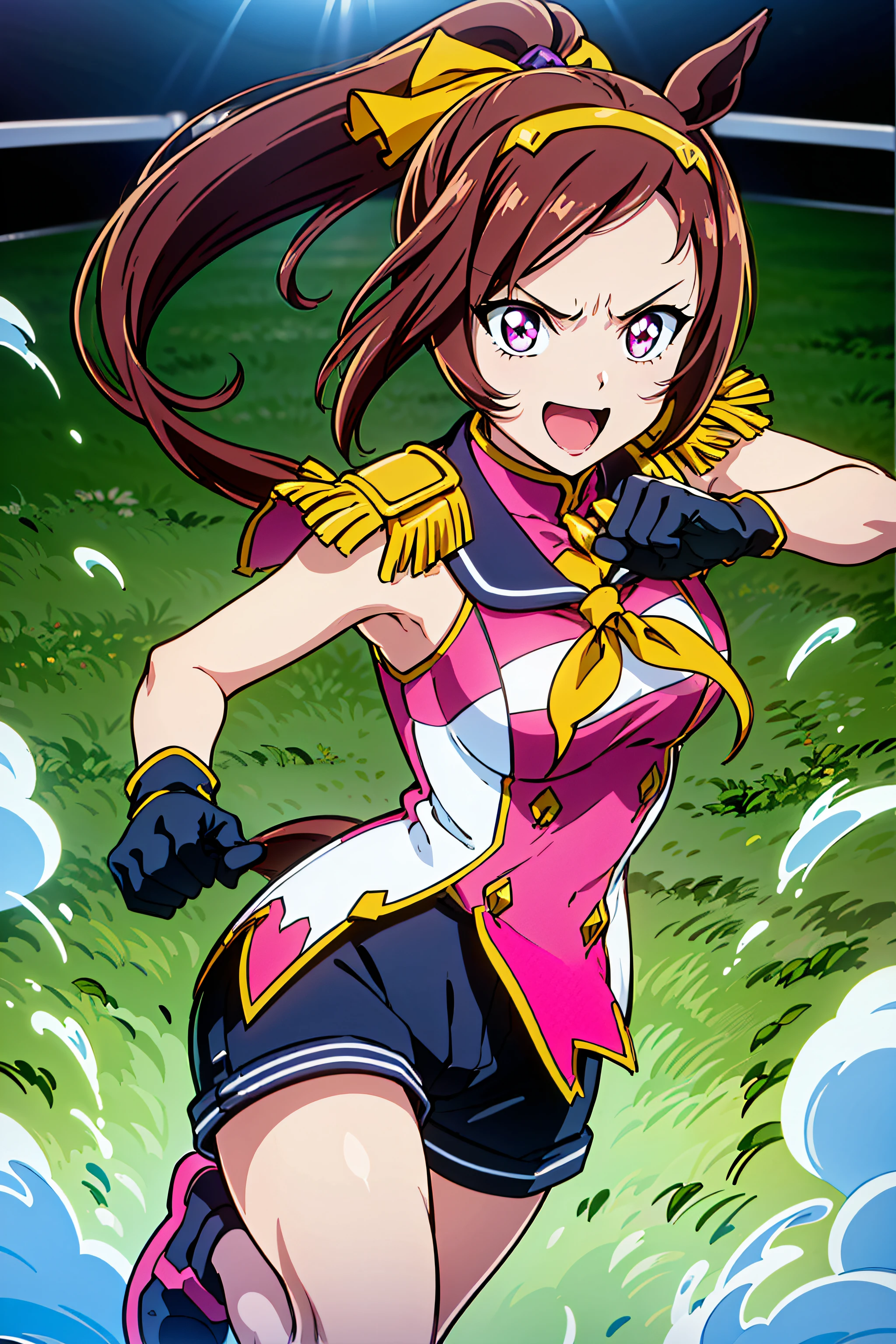 (top-quality:1.3), (masterpiece:1.4),(Anatomically correct), (Full limbs),(complete fingers),(Precise fingertips), (Fine details),(8K),Photorealista,(Super Detail),(90s Anime,9 0 s anime,9 0 s anime style,anime cels,cel shaded anime),(Sakura Bakushin King (Umamusume):1.52), (1人の女性:1.5),epaulette,sleeveless shirts,PINK SHIRT,Sailor collar,Capelet,Yellow neckerchief,asymmetrical gloves,Mismatched gloves,Black shorts,white thighhig,mismatched footwear,Neon pink eyes,Beautiful face, Intense lighting),(Dynamic Boxing Pose:1.25), 1 girl, Beautiful face, Intense lighting),raw, 1 girl, ((rage)), Color Theme Red, Dramatic light, Violence Everywhere, Bloody destruction of corpses in the background, Dark and blurry background, (joyous expression:1.4), (Raging Eyes:1.2), ), Mental breakdown, intimidation, Ways to harm, (irate:1.4), revenge, rage, destruction, murder, Maniacal,magician, spell magic, Magic Circle, ((magic in hand)),(using light magic:1.14),water magic, imaginative overlays, artistic fusion,fantastical scenes, evocative narratives, striking visuals, ((Motion Trajectory Effect)), spiky hair,, Superhero, Run at lightning speed, Leaving traces of movement, MotionTrail, Speed effect, Drive through the steppe, Speed Trace, Super Speed Power Dramatic Light, Movie Quality,grass field,