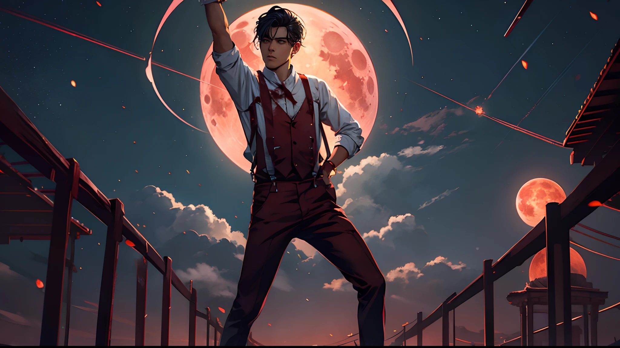 Blood Moon，meteors，As estrelas，，dark cloude，middle parted hairstyle，Suspenders