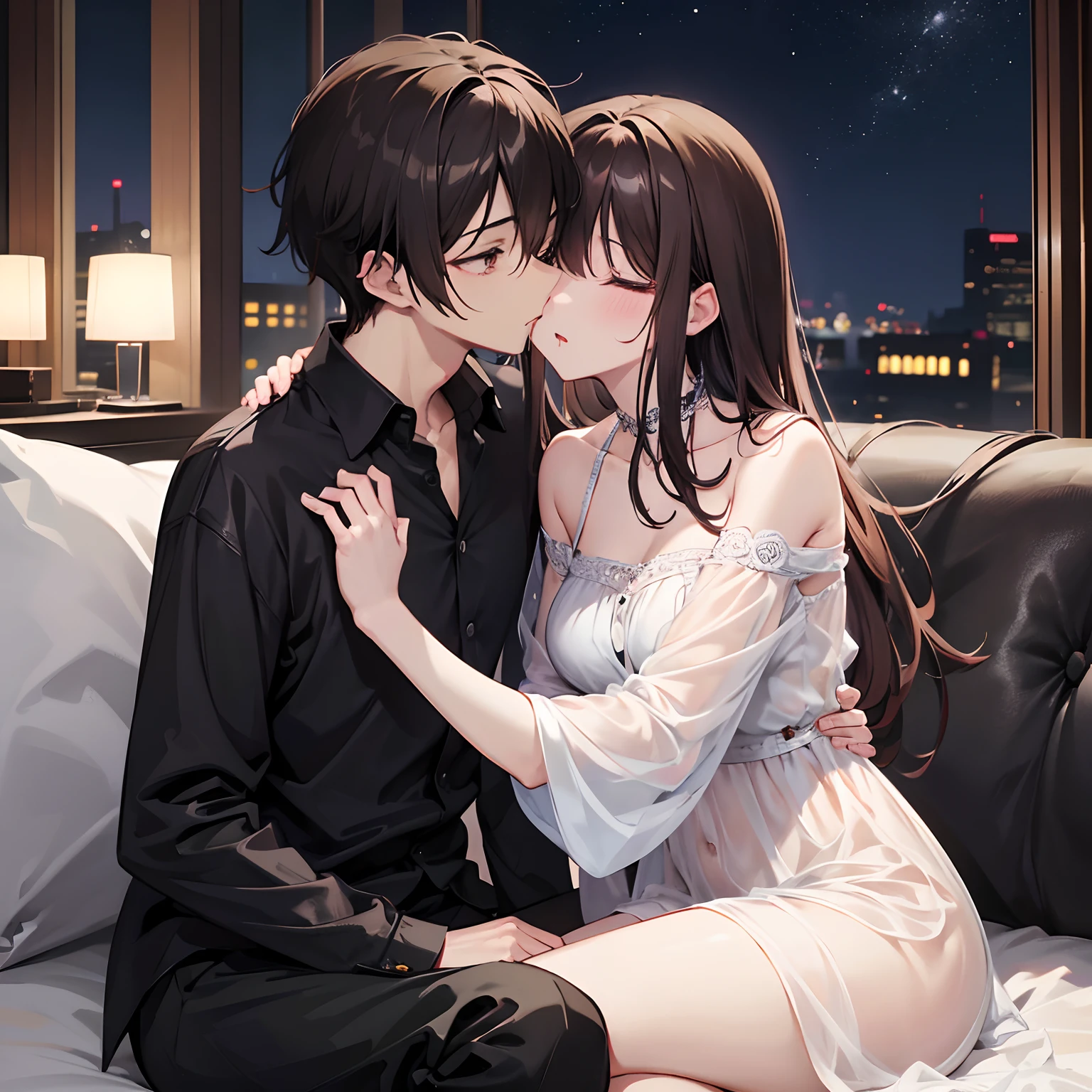 (masutepiece)(high-detail)Male and female couples in their 20s、1 male, 1 female、Light clothing for both men and women、During a kiss、Romance for women、Glossy atmosphere、Glossy look、Saliva spills、embracing each other、femele(Brown hair semi-long、negligee)closing eye、Sweet sigh、male people(black hair shorthair、Y shirt、Untied tie、legs showing)Close your eyes strongly、Background with(a room、sofa)、deep in the night、Darker