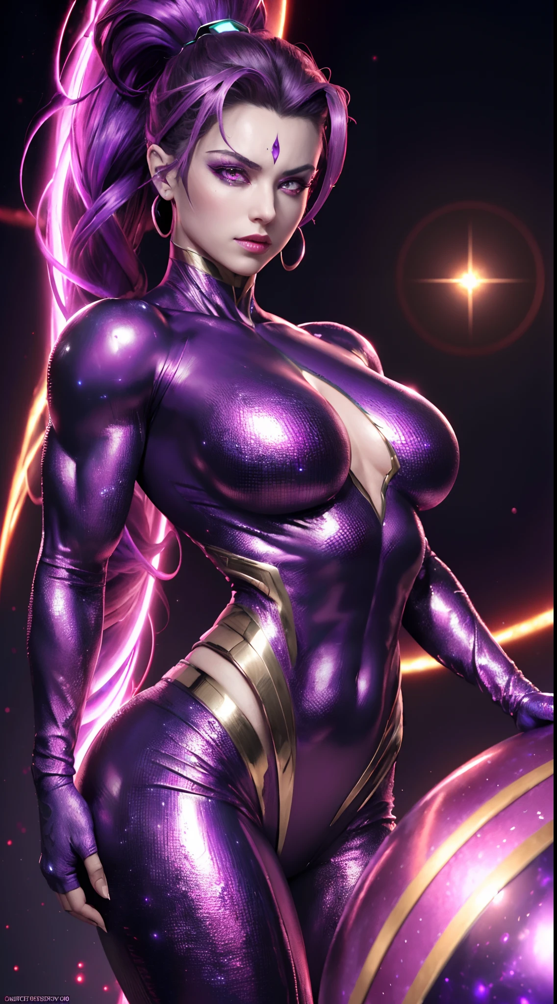 ((masterpiece)), ((8k resolution)), ((a  super villian)), huge, metallic, red eyes, in purple planet, muscular, strong, (((4k))), ((((highly detailed)))), strong, aura, glow, neon