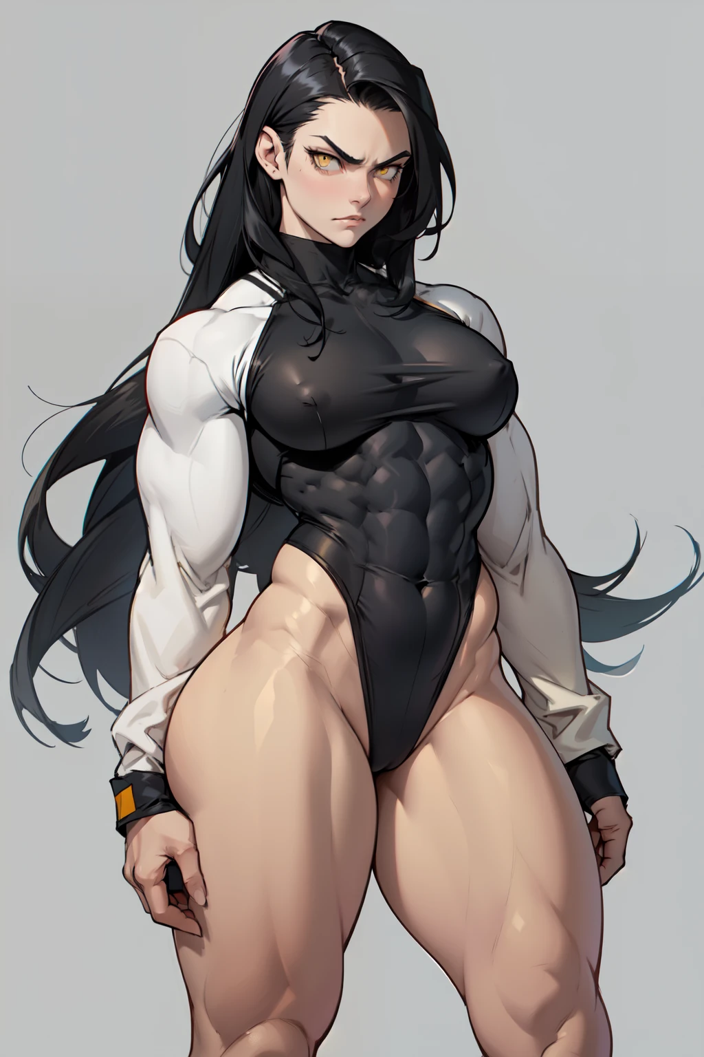 ((grey background))  pale skin black hair yellow eyes (very long hair) angry ((1 girl muscular toned body bodybuilder curvy wide hips thick thighs small tits)) (solo) standing (long sleeves leotard)