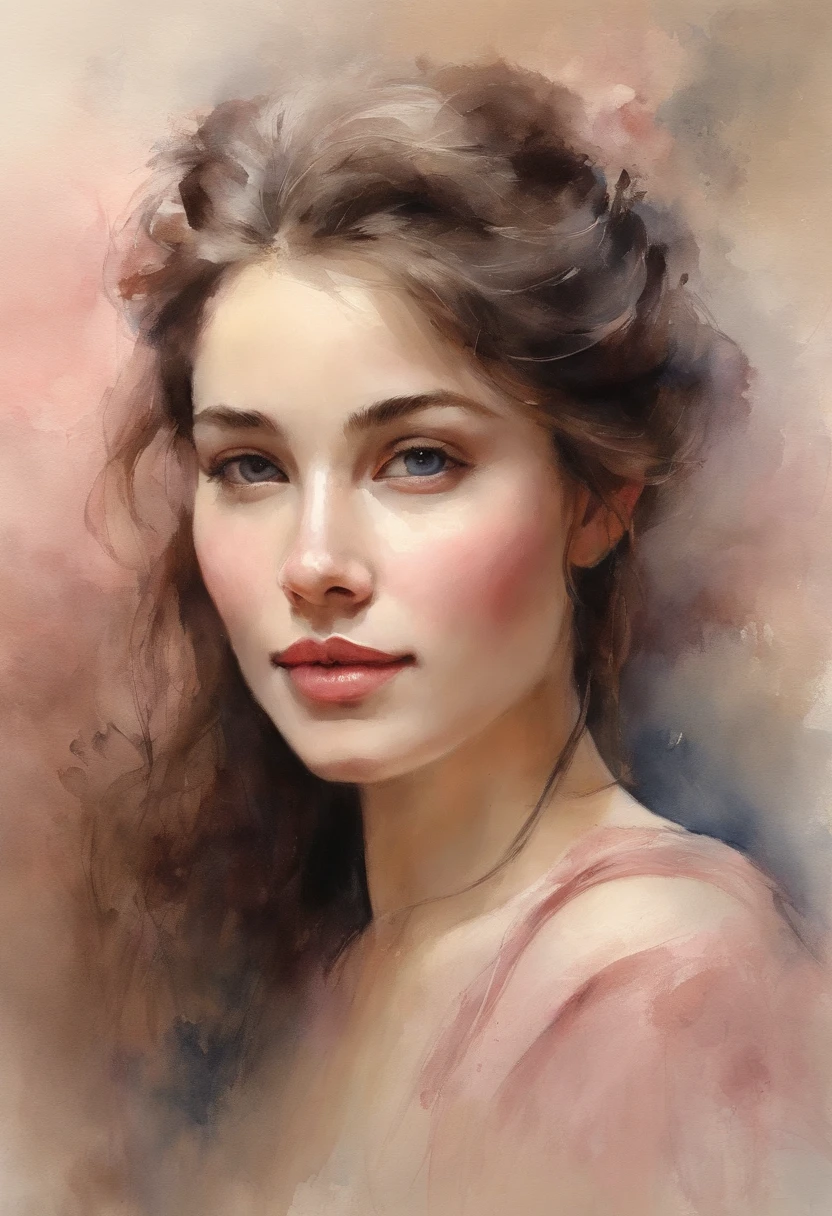 Imagine a watercolor portrait of a young woman with a calm expression. This picture is、Captures the delicate play of light and shadow in her features. Her eyes are a seductive shade of deep blue, Eta、They seem to have a hint of distant memory. The artist's skillful brushwork、Brings out the subtle texture of her skin, Give realistic quality. The subject's lips are softly painted in a natural pink shade, And a gentle smile adorns her face. Sprigs of her wavy reddish-brown hair surround her face, Beautiful harmony with dreamy things, Ethereal background in soft pastel colors. The overall atmosphere of the painting is、Exudes a sense of tranquility and introspection.