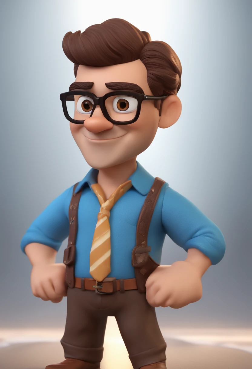 Cartoon character of a man wearing black glasses, com barba na cor branca, rosto redondo e uma camisa azul, um personagem animado, Caractere estilizado, animation style rendering, 3D estilizado, Arnold Maya render, 3 d render stylized, toon render keyshot, Personagem 3D, Personagem 3D, 3d rendering stylized, 3 d character render, personagem de desenho animado, Personagem de close up, Pose de personagem, (Estilo Pixar) (master part:1.2) (Bokeh) (best quality) (pele detalhada) (textura detalhada) (8k) (argila) (Cinematic lighting) (foco nítido，Senta e vaza a parte superior do corpo