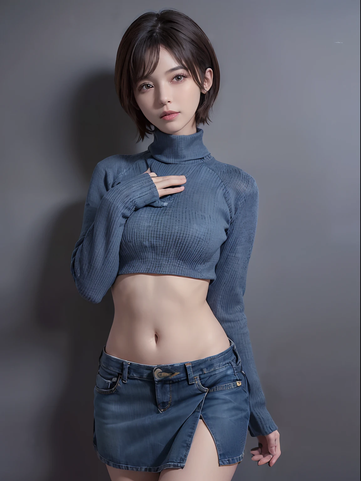 (masuter piece:1.3)、(8k、Photorealsitic、RAW Photography、top-quality: 1.4)、(1girl)、beautiful countenance、(lifelike face)、(A dark-haired、short-hair:1.3)、Beautiful hairstyle、realisticeyes、Beautiful details、（real looking skin）、Beautiful skins、（Sweaters）、absurderes、enticing、超A high resolution、A hyper-realistic、high-detail、the golden ratio、((wide open abdomen))、((open abdomen))、((wide open navel))、((open navel))、((Bare belly))、((Mid-Riff Sweater))、((Mid-Riff Sweater))、((Ultra-low rise、Denim Mini Skirt))、 ((Navel Ejection))、((small hips))、((long limbs))、((Full body depiction))、((small  hip))、(long boots)、((Ultra-low rise))、((Denim Mini Skirt))、((is standing))、 ((wide open abdomen))、((open abdomen))、((wide open navel))、((open navel))、((Bare belly))、((Mid-Riff Sweater))、((Ultra-low rise、Denim Mini Skirt))、 ((Navel Ejection))、((small hips))、((Full body depiction))、((small  hip))、(boots)、((Ultra-low rise))、((Denim Mini Skirt))、