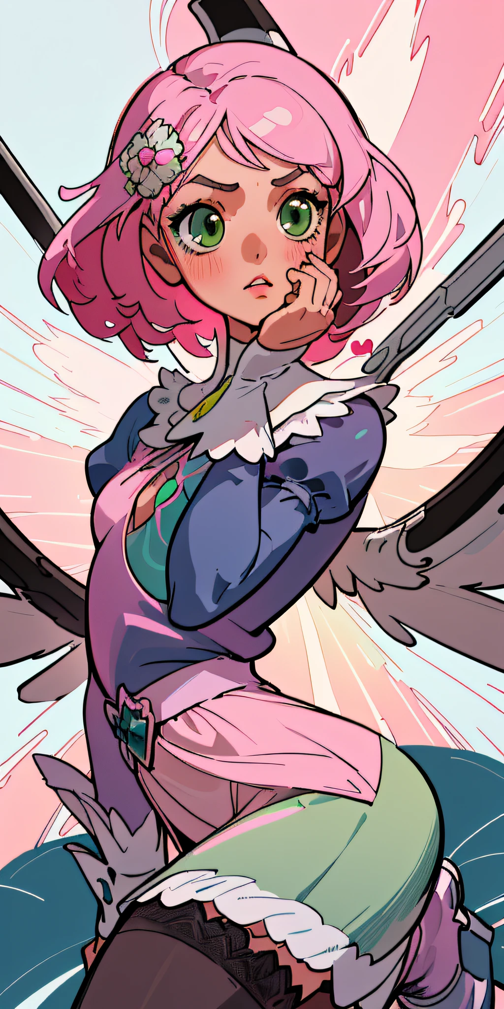 Alisa bosconovitch, melhor qualidade, contemporary, estilo plano, minimalismo, Green Eyes Flat Illustration, cabelo rosa, cabelo curto, cabelos multicoloridos, Camisa Preta, mechanical wings, Head Portrait Close-U, peito pontudo, decote, super decote, middlebreasts, Tekken,cabelo rosa pastel, 1girl, em quimono, hand-painted,Desenho de linha sem cor, colorida do yandere pastel, Tekken, Super cute pink hair girl with gothic makeup on the side, com roupa de empregada,figura esbelta,robusto,He sat on the floor,Vestido com roupas de empregada rosa e branco,cabelos muito curtos,com orelhas de gato,quadratic element,, kawaii cor-de-rosa na roupa da era de 1910, Alisa Bosconovich pink lips, no estilo da paleta de cores suave aurorapunk, an anime illustration of his face, gifs animados, hand drawn animation, charming sketches, suave e brilhante, romantismo nebuloso, Estilo Superflat, fundo branco - ar 1:1 - niji 5 - estilo expressivo --s 50 ,Pink kawaii girl in the era of 1920s clothesPink eagles, vestindo uma camisa branca brilhante, no estilo da paleta de cores suave aurorapunk, an anime illustration of his face, gifs animados, hand drawn animation, charming sketches, suave e brilhante, romantismo nebuloso, Estilo Superflat, fundo branco - ar 1:1 - niji 5 - estilo expressivo --s 50, Absurdo, Alto, ultra detalhados, (1girl:1.3), quebrar , Create an image with beautiful calligraphy