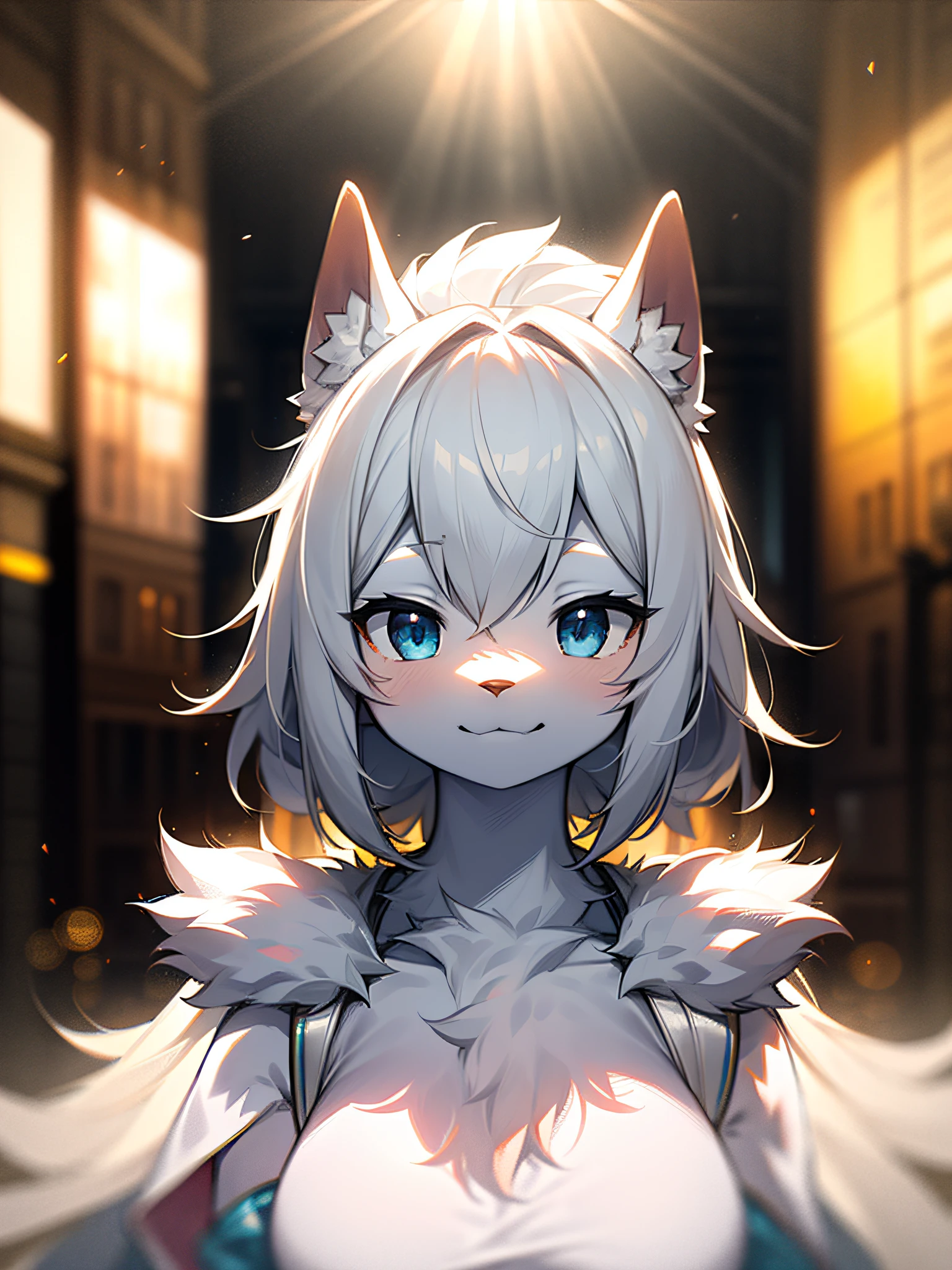 furry, white fur, ultra cute face, white elements on fur, beautiful lights and shadows, ambient light, ultra detailed fur, volumetric light