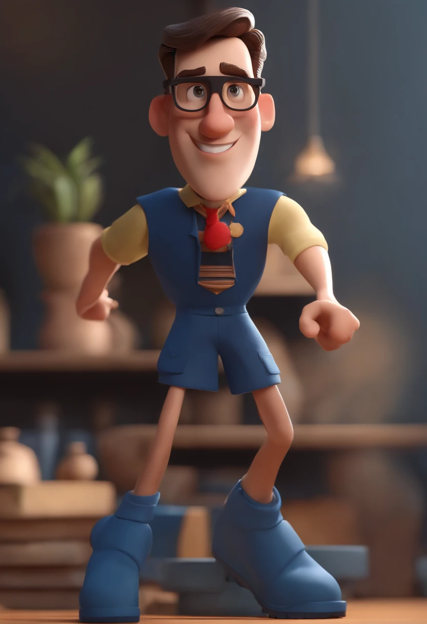 Cartoon character of a man wearing black glasses and a blue shirt, um personagem animado, Caractere estilizado, animation style rendering, 3D estilizado, Arnold Maya render, 3 d render stylized, toon render keyshot, Personagem 3D, Personagem 3D, 3d rendering stylized, 3 d character render, personagem de desenho animado, Personagem de close up, Pose de personagem, (Estilo Pixar) (master part:1.2) (Bokeh) (best quality) (pele detalhada) (textura detalhada) (8k) (argila) (Cinematic lighting) (foco nítido，Senta e vaza a parte superior do corpo