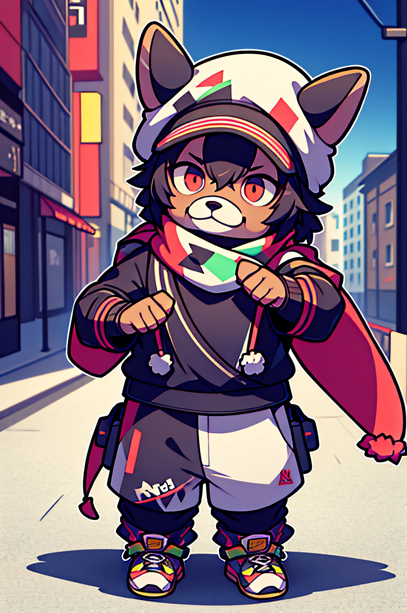 Photo of sirloin wrapped in a hat and scarf，trends in the art station，Wear fashionable clothes，hyper realistic detailed rendering，urban style，Intimidation Pose，Planet Dog，Fashionable clothing，urbansamurai，Doggy，Wear a worker's hat，Elegant City Cap