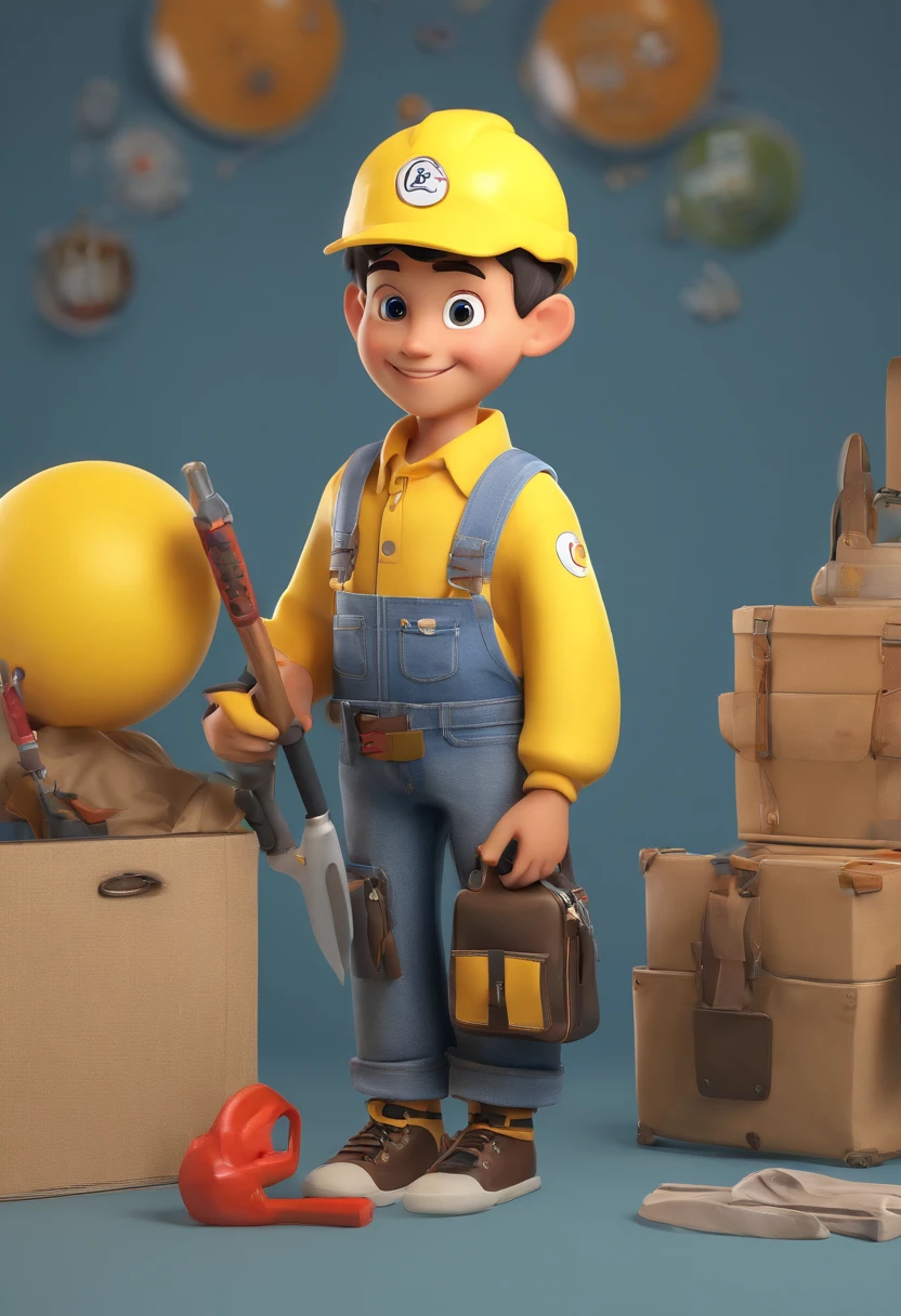 Cartoon character of a boy standing full body wearing a yellow polo shirt, denim trousers, Cap with a black circle in the center, botas preta, Holding a tool case and looking content, animation character, Caractere estilizado, animation style rendering, 3D estilizado, 3d stylized rendering, Personagem 3D, Personagem 3D, renderizado