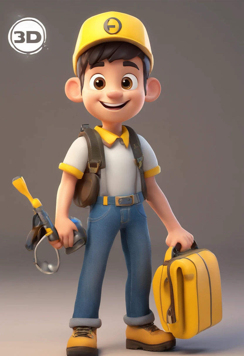 Cartoon character of a boy of 14 ears old holding a tool bag, wearing a yellow polo shirt, blue jeans, yellow cap with a black circle in the center, black boots, and happy appearance, animation character, stylized character, cartoon style rendering animation, 3D stylized, 3d stylized rendering, toon rendering keyshot, 3D Character, 3D Character, Rendering