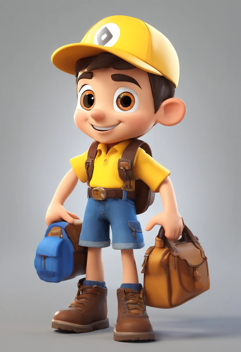 Cartoon character of a boy holding a tool bag, wearing a yellow polo shirt, blue jeans, yellow cap with a black circle in the center, black boots, and happy appearance, animation character, stylized character, cartoon style rendering animation, 3D stylized, 3d stylized rendering, toon rendering keyshot, 3D Character, 3D Character, Rendering