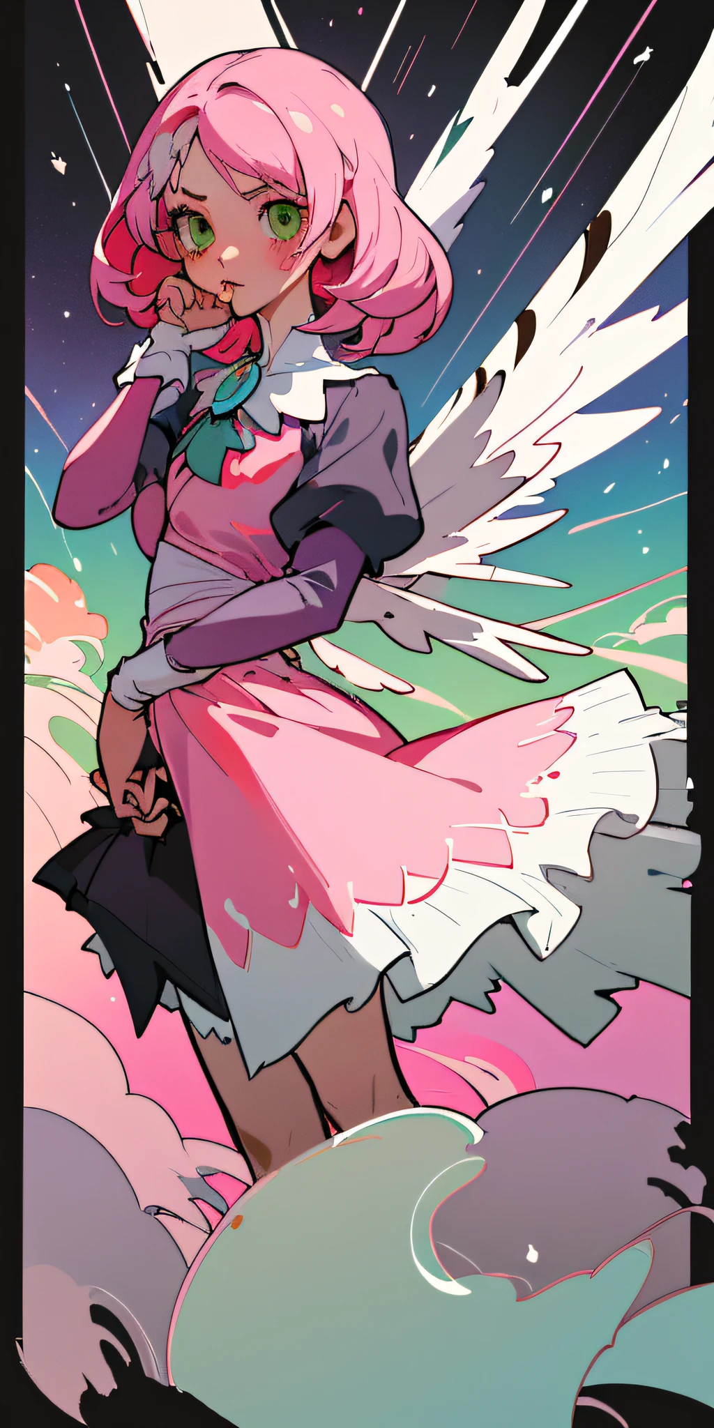 Alisa bosconovitch, melhor qualidade, contemporary, estilo plano, minimalismo, Green Eyes Flat Illustration, cabelo rosa, cabelo curto, cabelos multicoloridos, Camisa Preta, mechanical wings, Head Portrait Close-U, peito pontudo, decote, super decote, middlebreasts, Tekken,cabelo rosa pastel, 1girl, em quimono, hand-painted,Desenho de linha sem cor, colorida do yandere pastel, Tekken, Super cute pink hair girl with gothic makeup on the side, com roupa de empregada,figura esbelta,robusto,He sat on the floor,Vestido com roupas de empregada rosa e branco,cabelos muito curtos,com orelhas de gato,quadratic element,, kawaii cor-de-rosa na roupa da era de 1910, Alisa Bosconovich pink lips, no estilo da paleta de cores suave aurorapunk, an anime illustration of his face, gifs animados, hand drawn animation, charming sketches, suave e brilhante, romantismo nebuloso, Estilo Superflat, fundo branco - ar 1:1 - niji 5 - estilo expressivo --s 50 ,Pink kawaii girl in the era of 1920s clothesPink eagles, vestindo uma camisa branca brilhante, no estilo da paleta de cores suave aurorapunk, an anime illustration of his face, gifs animados, hand drawn animation, charming sketches, suave e brilhante, romantismo nebuloso, Estilo Superflat, fundo branco - ar 1:1 - niji 5 - estilo expressivo --s 50, Absurdo, Alto, ultra detalhados, (1girl:1.3), quebrar , Create an image with beautiful calligraphy