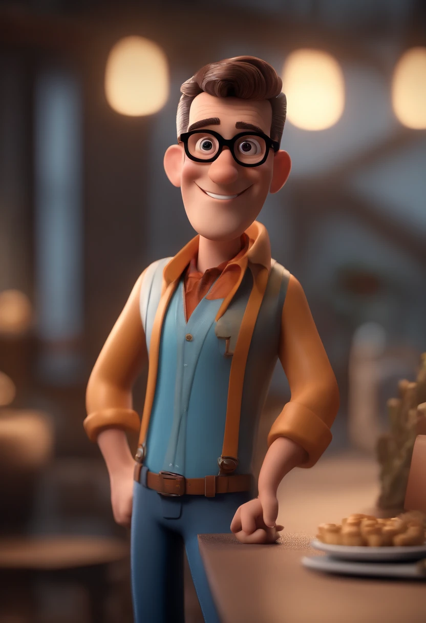 Cartoon character of a man with black glasses and a blue shirt, animation character, Caractere estilizado, animation style rendering, 3D estilizado, Arnold Maya render, 3 d render stylized, toon render keyshot, Personagem 3D, Personagem 3D, 3d rendering stylized, 3 d character render, personagem de desenho animado, Personagem de close up, Pose de personagem,  (Estilo Pixar) (master part:1.2) (Bokeh) (best quality) (pele detalhada) (textura detalhada) (8k) (argila) (Cinematic lighting) (foco nítido