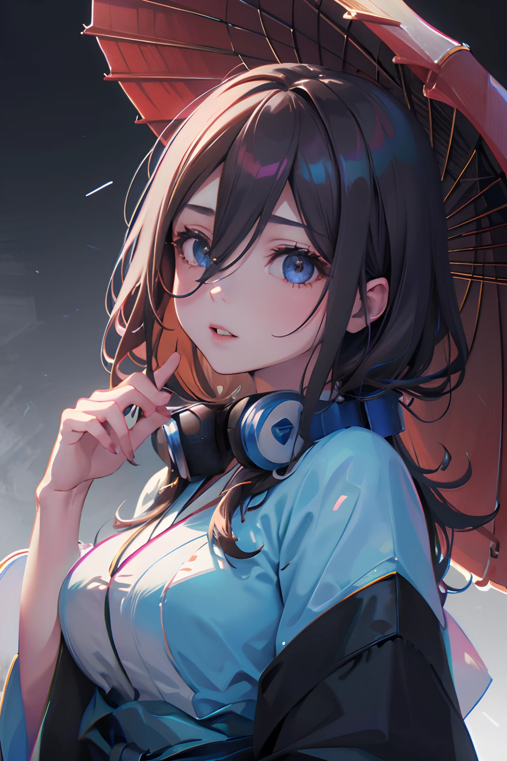 Official art, Unity 8k Wallpapers, ultra-detailliert, Beautifully Aesthetic, masterpiece, top-quality, realisitic, a closeup, Skindentation, interface, A detailed eye, A detailed face, detailed hairs, black backgrounds, straight-on, looking at the viewers, The sheen, Anime, looking at viewer with a cigarette in her mouth, highly detailed with reflections transparent iridescent opaque jacket, Long transparent iridescent RGB hair, 1girl in, Solo, fronds, Long hair, Blurry, Shirt, Parted lips, Outdoors, Floating hair, Long sleeves, White shirt, Bangs, Upper body, Open mouth, tusk, Brown eyes, Wind, Winters,Yuki,snowscape,Blurry background, day, depth of fields, bug,The Bride of Fifths,Miku Nakano,Blue headset around the neck,{{{{masterpiece}}}}, {{{hyper detailed}}}, {{{highres}}}, {{good anatomy}}, (((best quality))), ((an extremely delicate and beautiful)), {{an extremely detailed and delicate}}, {8k cg wallpaper}, {{illustration}}, (greyscale with colored background:1), white and black background, (chromatic aberration:1.2), upper body, mature female, (1girl:1), solo, oiran, (japanese clothes:1.2), medium breasts, hiten1,