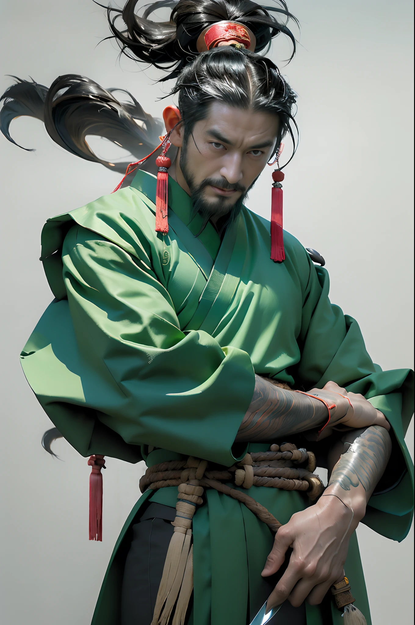 (((China-style，Ink painting method，Half-length portrait，Intense color，Han dynasty, China，Hanfu，Armor，Guan yu，Guan Yunchang，of a guy，Ruddy killing square face，Hold it with your right hand(Close the knife)Qinglong Weir Moon Knife，Stroke your beard with your left hand，Long hair，petty eyes，Green robe))), (((best qualityer))), (((tmasterpiece))), (((AS-Adult))), (((Chinese))), Look up from your knees, Handsome Asian samurai，perfect body figure, Modern samurai, ((( Asian))), Wear gloves on your hands，The left arm is made of steel and metal tips，Made of protective devices, The eyes are pulled, (( Appears below the ????? )), (( Small dental floss )), Simon Bisley, ????????????（Simon Bisley）Castle City Wilderness，For high-resolution posters, hair straight, Minimum clothing, armure (Crazy clothes ), Full of tips and rivets, tribal tattoos, (((full bodyesbian))), Straight brunette hair，Colored hair ends