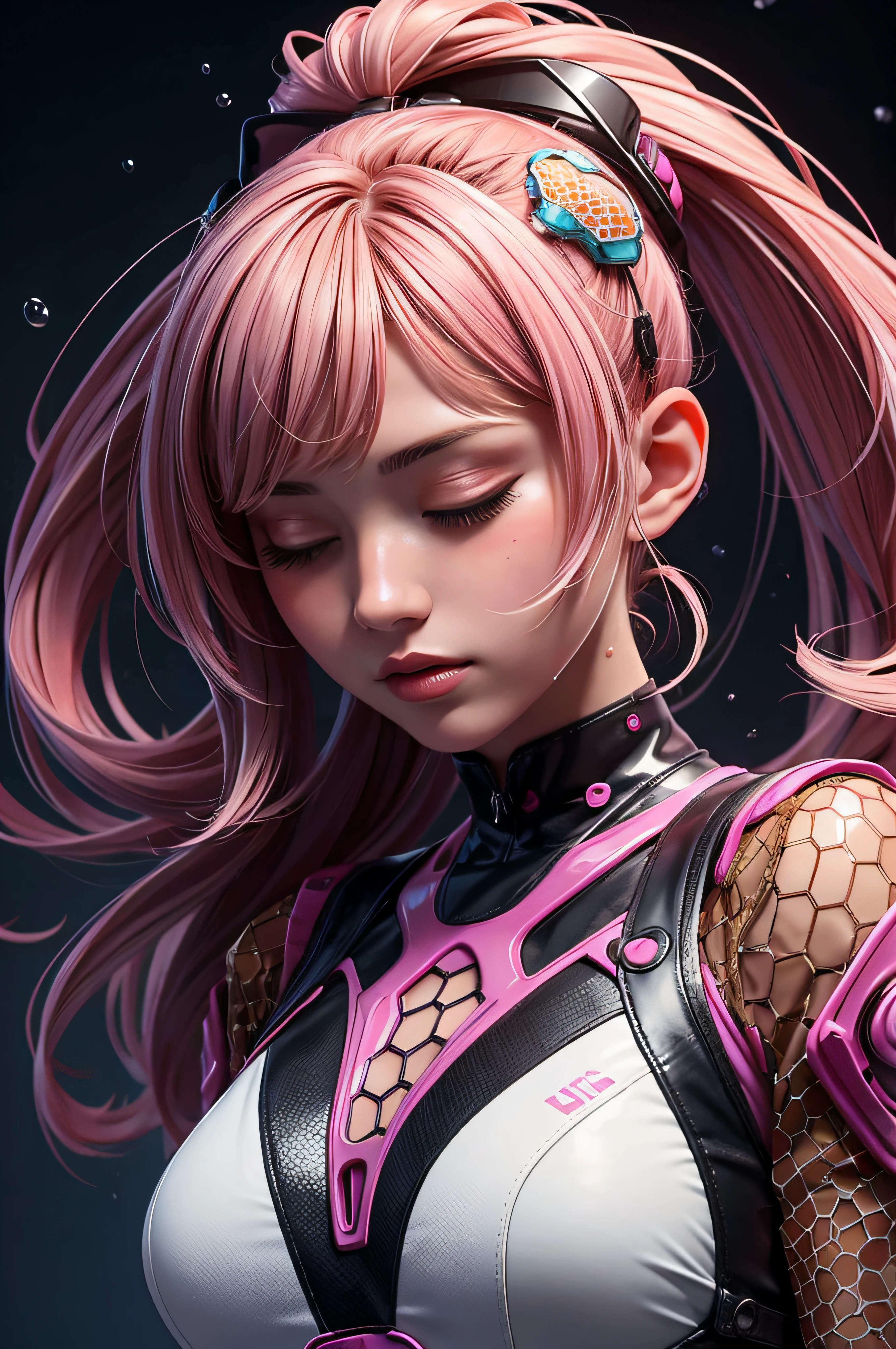 masterpiece,best quality,1girl,closed eyes,upper body,splashing,abstract,psychedelic,neon,(honeycomb pattern),(creative:1.3),sy3,SMM,fantasy00d,