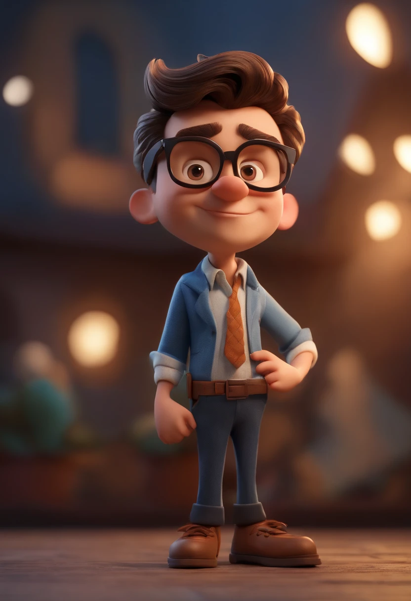 Cartoon character of a man wearing black glasses and a blue shirt, um personagem animado, Caractere estilizado, animation style rendering, 3D estilizado, Arnold Maya render, 3 d render stylized, toon render keyshot, Personagem 3D, Personagem 3D, 3d rendering stylized, 3 d character render, personagem de desenho animado, Personagem de close up, Pose de personagem, (Estilo Pixar) (master part:1.2) (Bokeh) (best quality) (pele detalhada) (textura detalhada) (8k) (argila) (Cinematic lighting) (foco nítido，Senta e vaza a parte superior do corpo